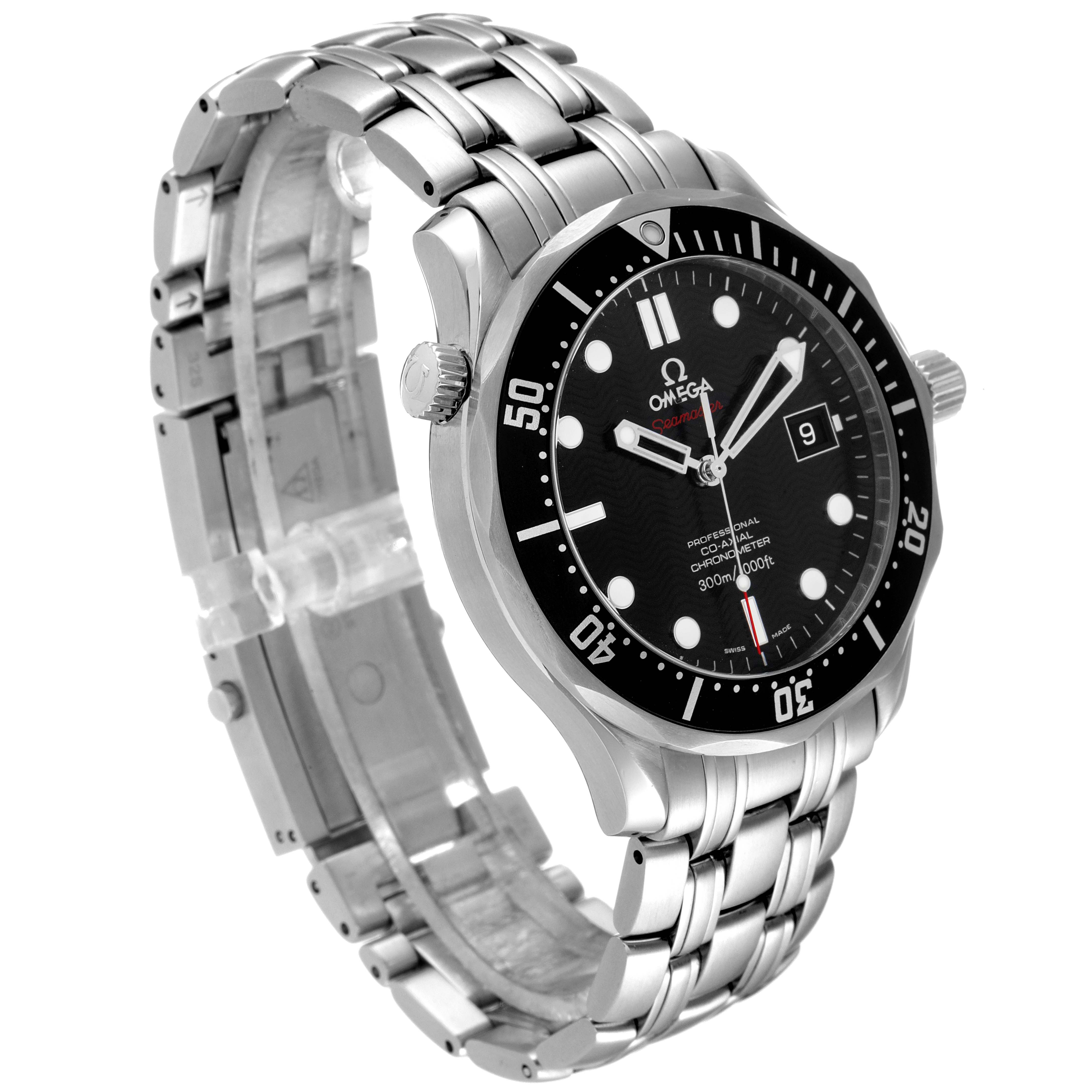 The Omega Seamaster 212.30.41.20.01.002 Men's Stainless Steel Black Dial 212.30.41.20.01.002 Men's Stainless Steel Black Dial watch is shown at a slight angle, highlighting its bracelet, bezel, and face.
