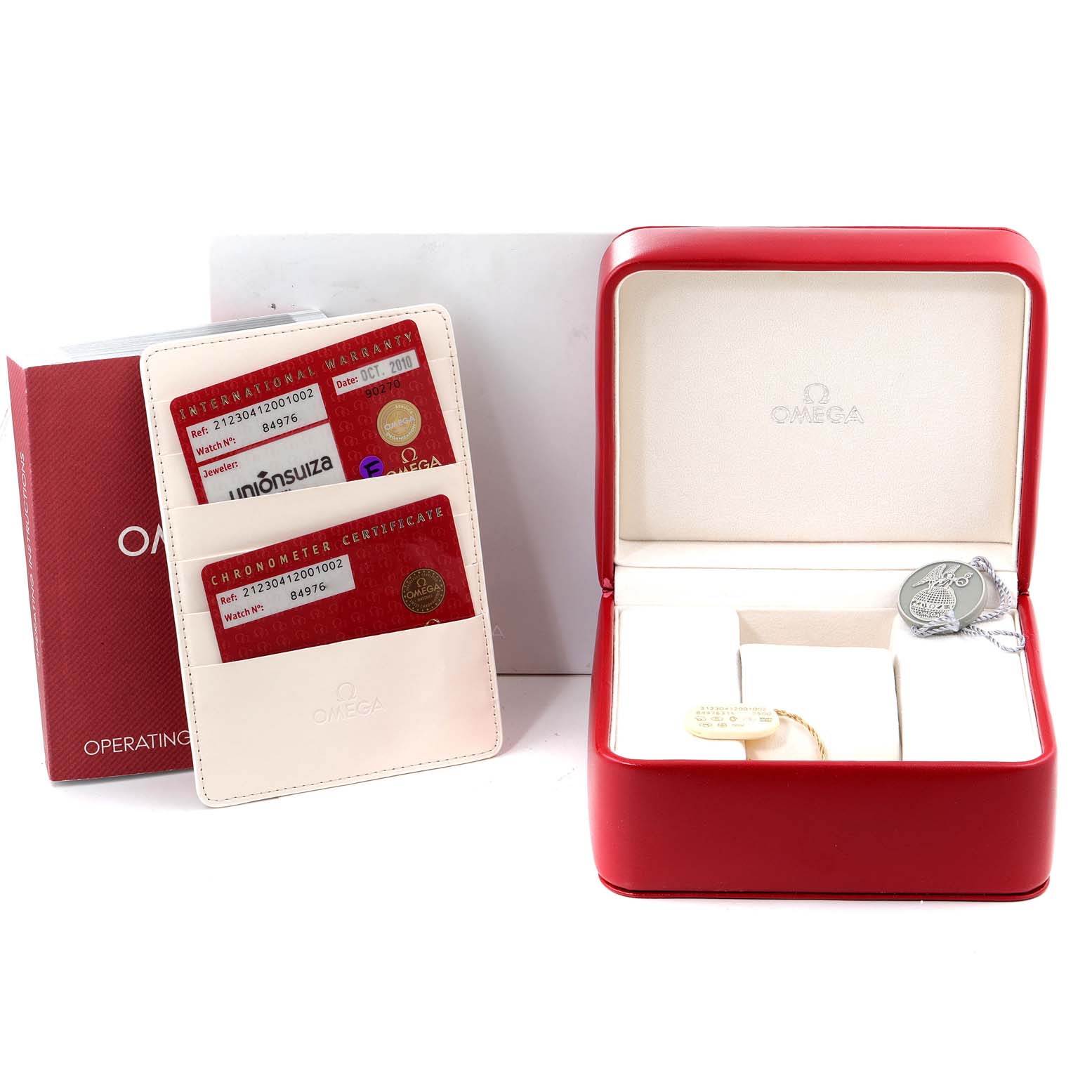 The image shows the box, international warranty card, and chronometer certificate for the Omega Seamaster 212.30.41.20.01.002 Men's Stainless Steel Black Dial 212.30.41.20.01.002 Men's Stainless Steel Black Dial watch.