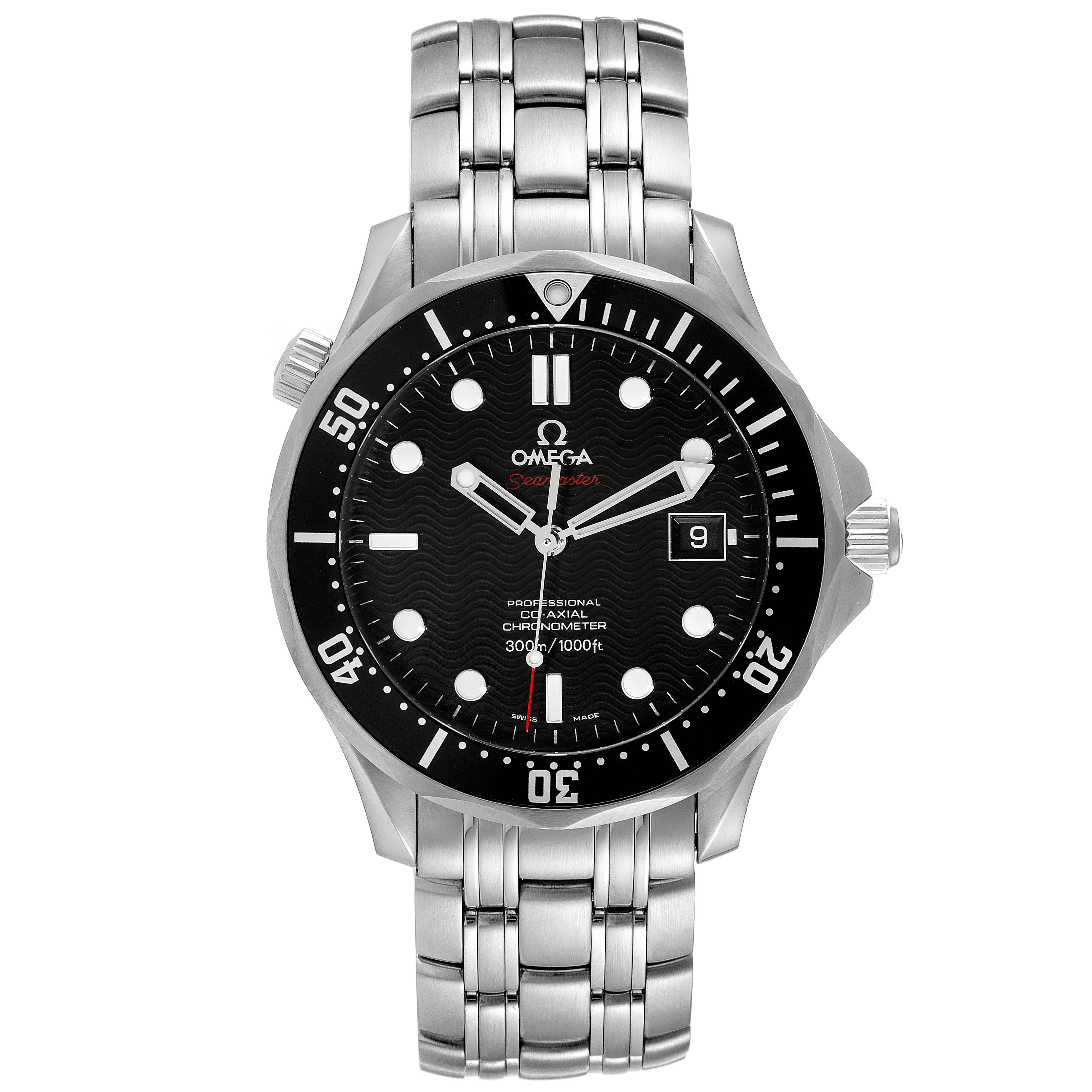 The Omega Seamaster 212.30.41.20.01.002 Men's Stainless Steel Black Dial 212.30.41.20.01.002 Men's Stainless Steel Black Dial watch is shown from the front, displaying its black dial, bezel, and stainless steel bracelet.