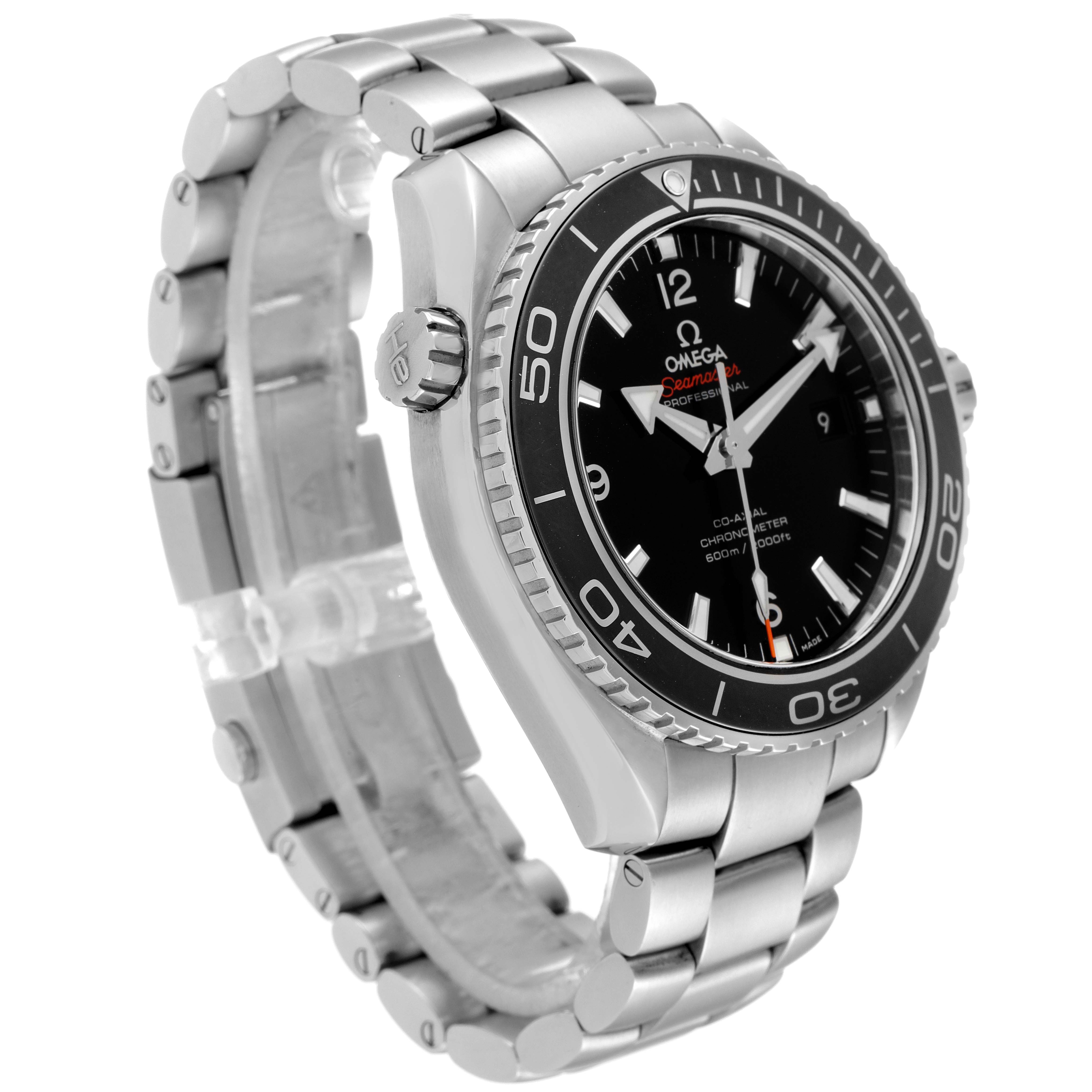 The Omega Planet Ocean 232.30.46.21.01.001 Men's Stainless Steel Black Dial 232.30.46.21.01.001 Men's Stainless Steel Black Dial watch is shown at a slight side angle, displaying its bezel, dial, and bracelet.