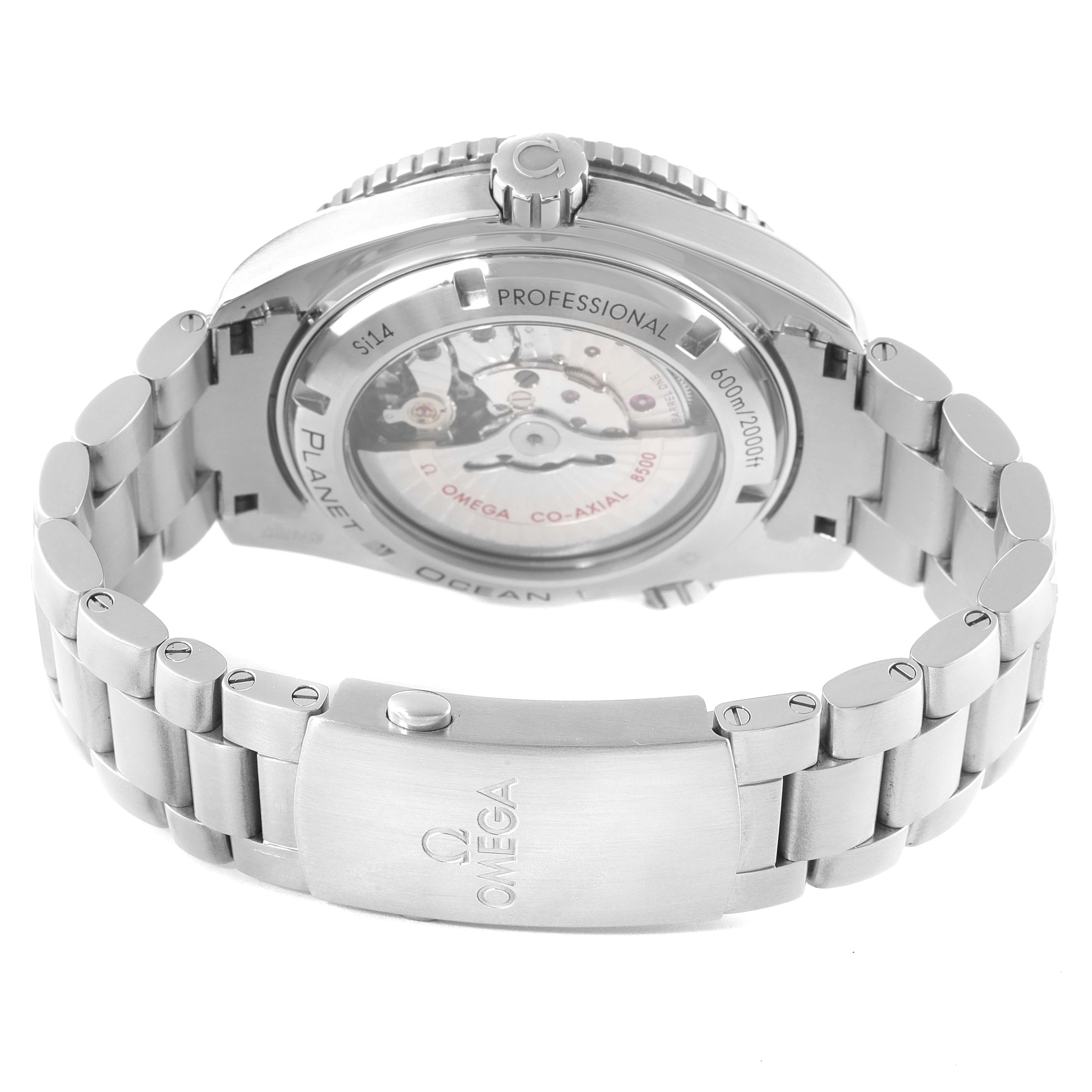 The image shows the back view of the Omega Planet Ocean 232.30.46.21.01.001 Men's Stainless Steel Black Dial 232.30.46.21.01.001 Men's Stainless Steel Black Dial watch, highlighting its case back and bracelet.