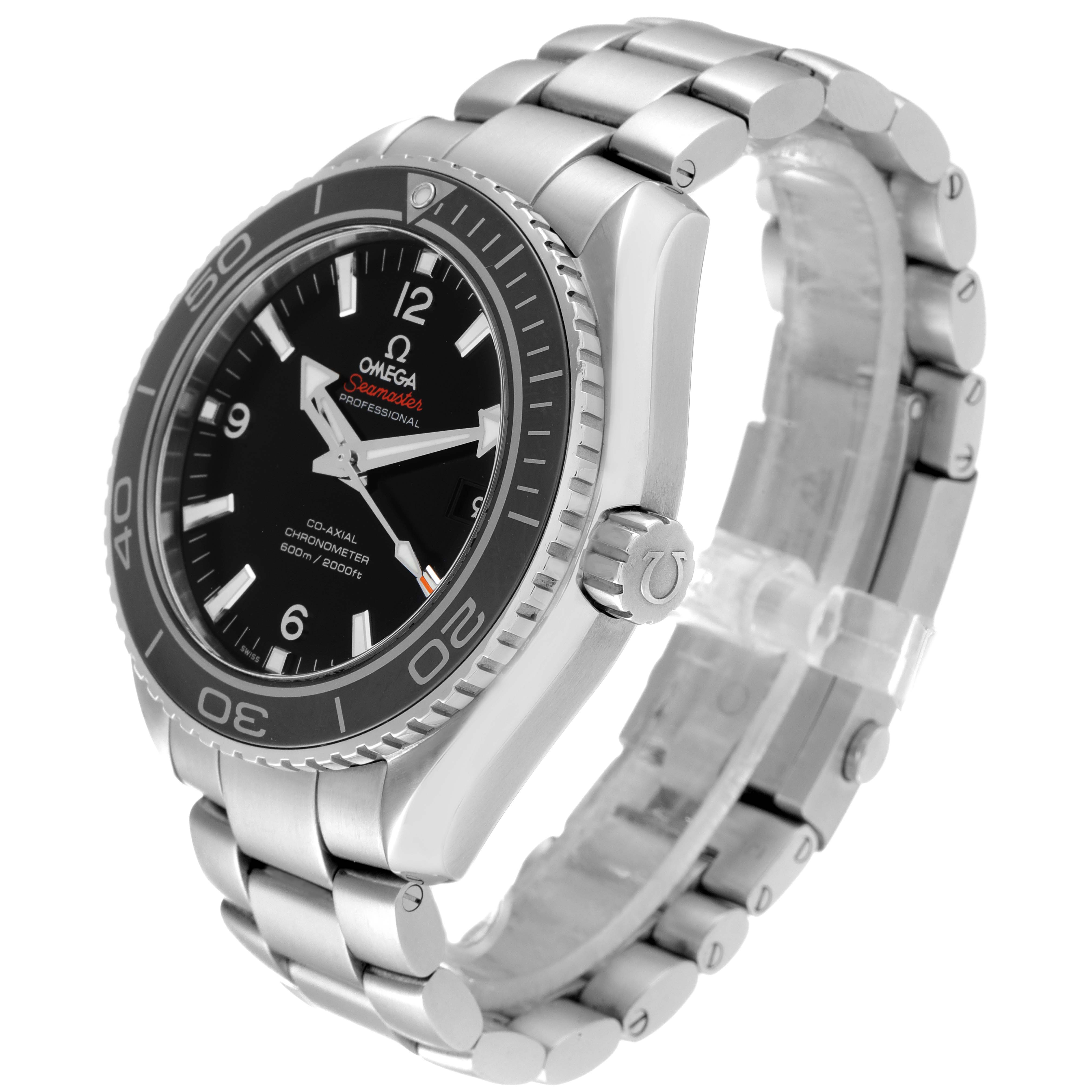 The Omega Planet Ocean 232.30.46.21.01.001 Men's Stainless Steel Black Dial 232.30.46.21.01.001 Men's Stainless Steel Black Dial watch is shown at an angle highlighting the face, bezel, and bracelet.