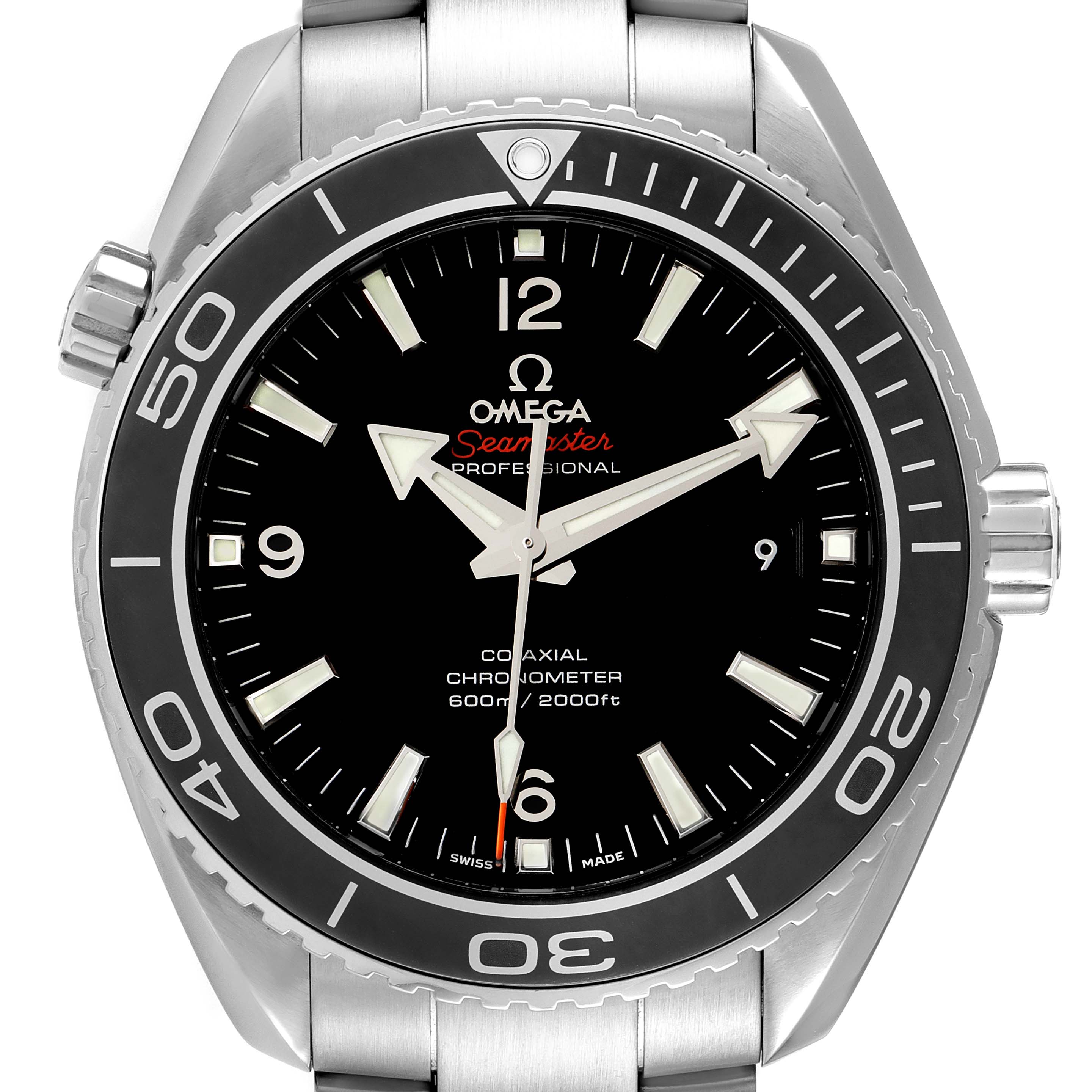 The Omega Planet Ocean 232.30.46.21.01.001 Men's Stainless Steel Black Dial 232.30.46.21.01.001 Men's Stainless Steel Black Dial watch is shown from a front angle, displaying the dial, bezel, and part of the stainless steel bracelet.