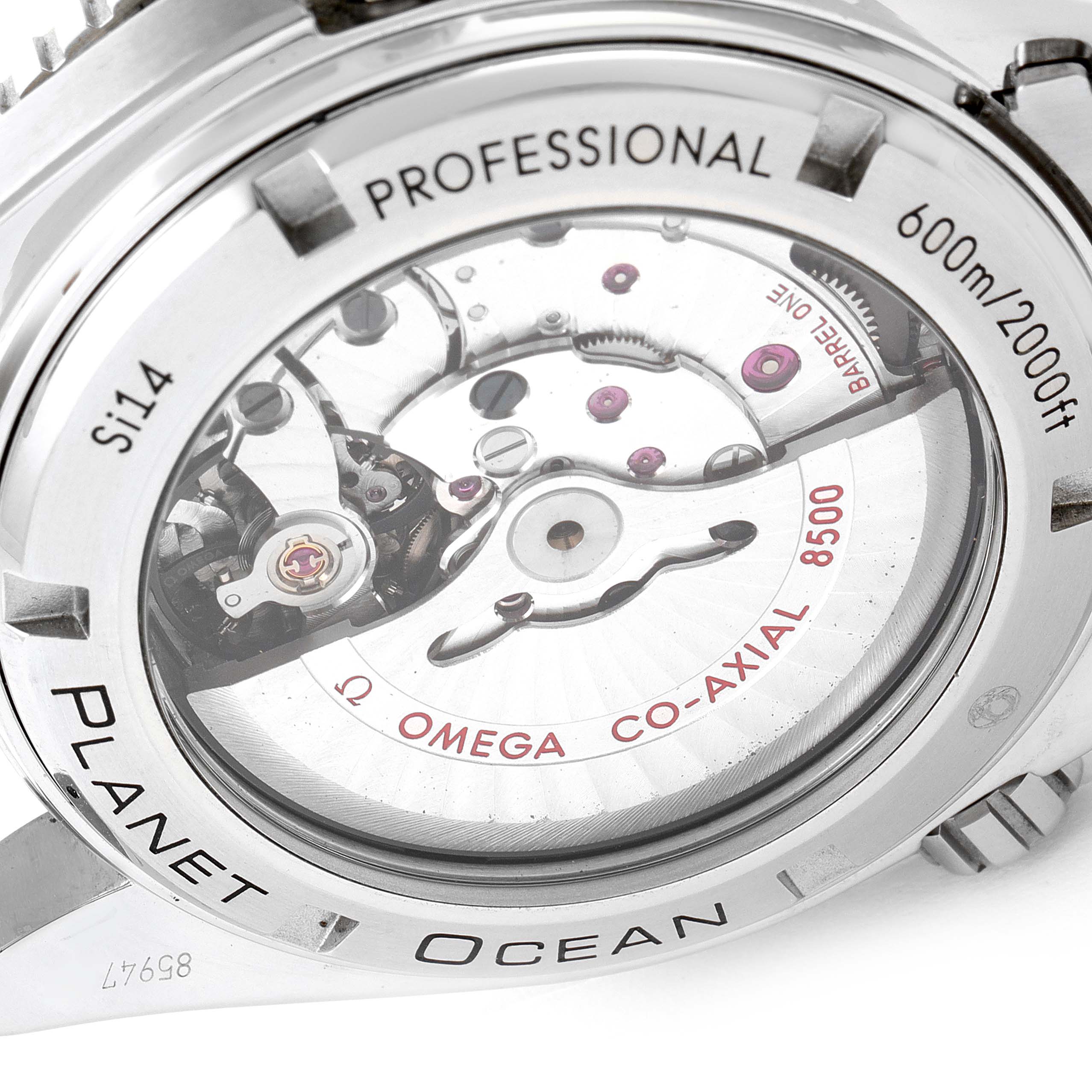 The image shows the back view of the Omega Planet Ocean 232.30.46.21.01.001 Men's Stainless Steel Black Dial 232.30.46.21.01.001 Men's Stainless Steel Black Dial watch, highlighting the transparent case back and internal components.