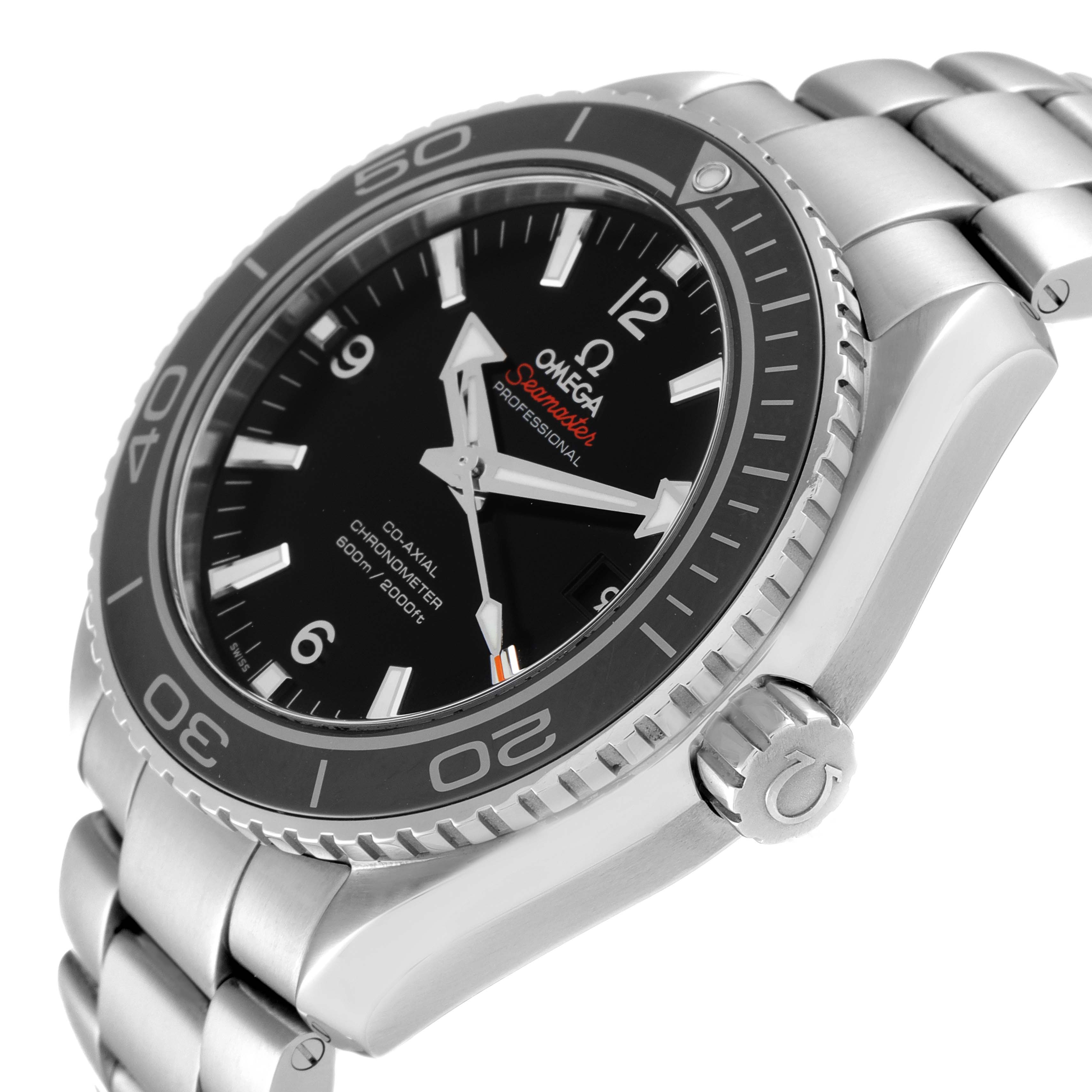 The Omega Planet Ocean 232.30.46.21.01.001 Men's Stainless Steel Black Dial 232.30.46.21.01.001 Men's Stainless Steel Black Dial watch is shown from an angled side view, highlighting the bezel, crown, bracelet, and face.