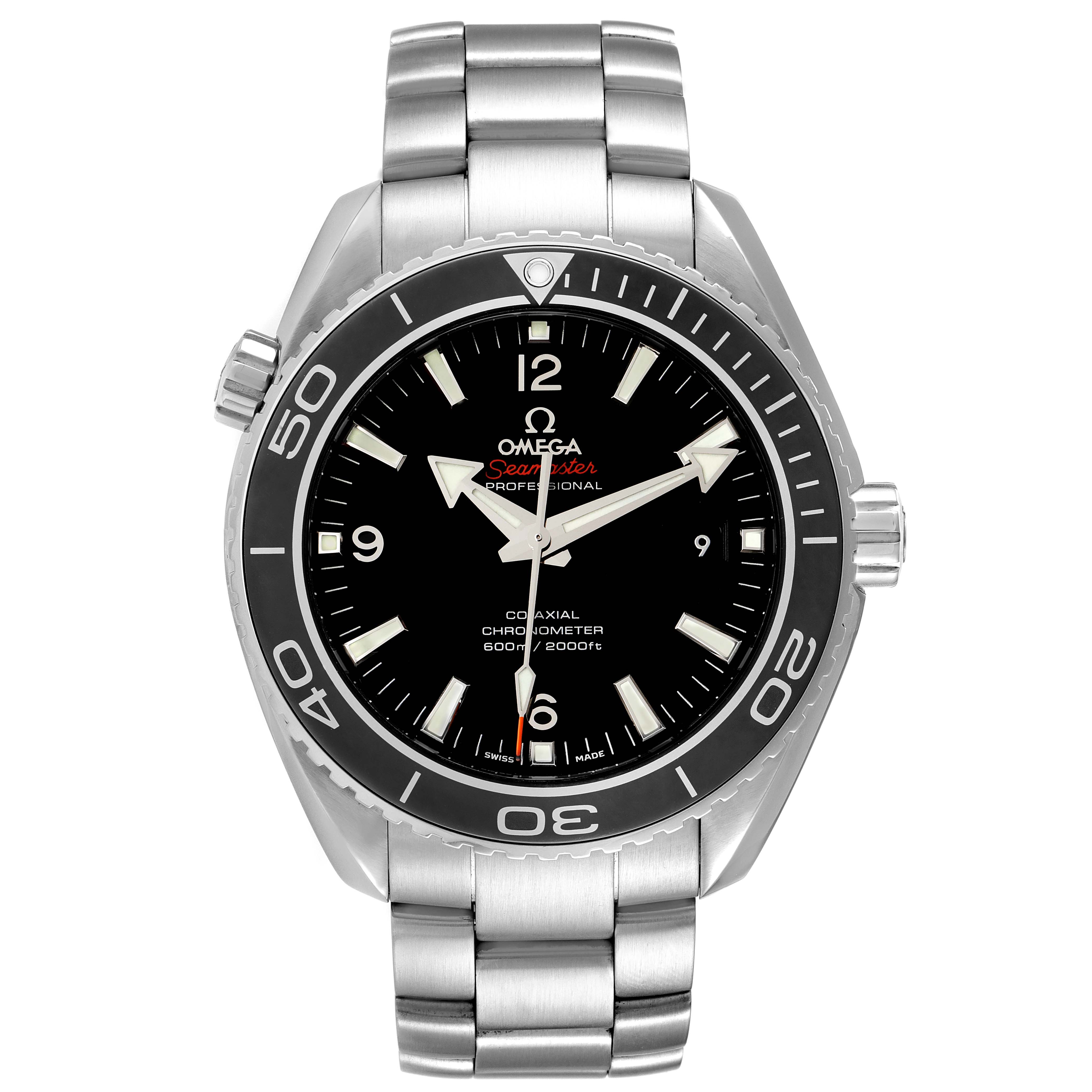The image shows a front view of the Omega Planet Ocean 232.30.46.21.01.001 Men's Stainless Steel Black Dial 232.30.46.21.01.001 Men's Stainless Steel Black Dial watch, highlighting its dial, bezel, and metal bracelet.