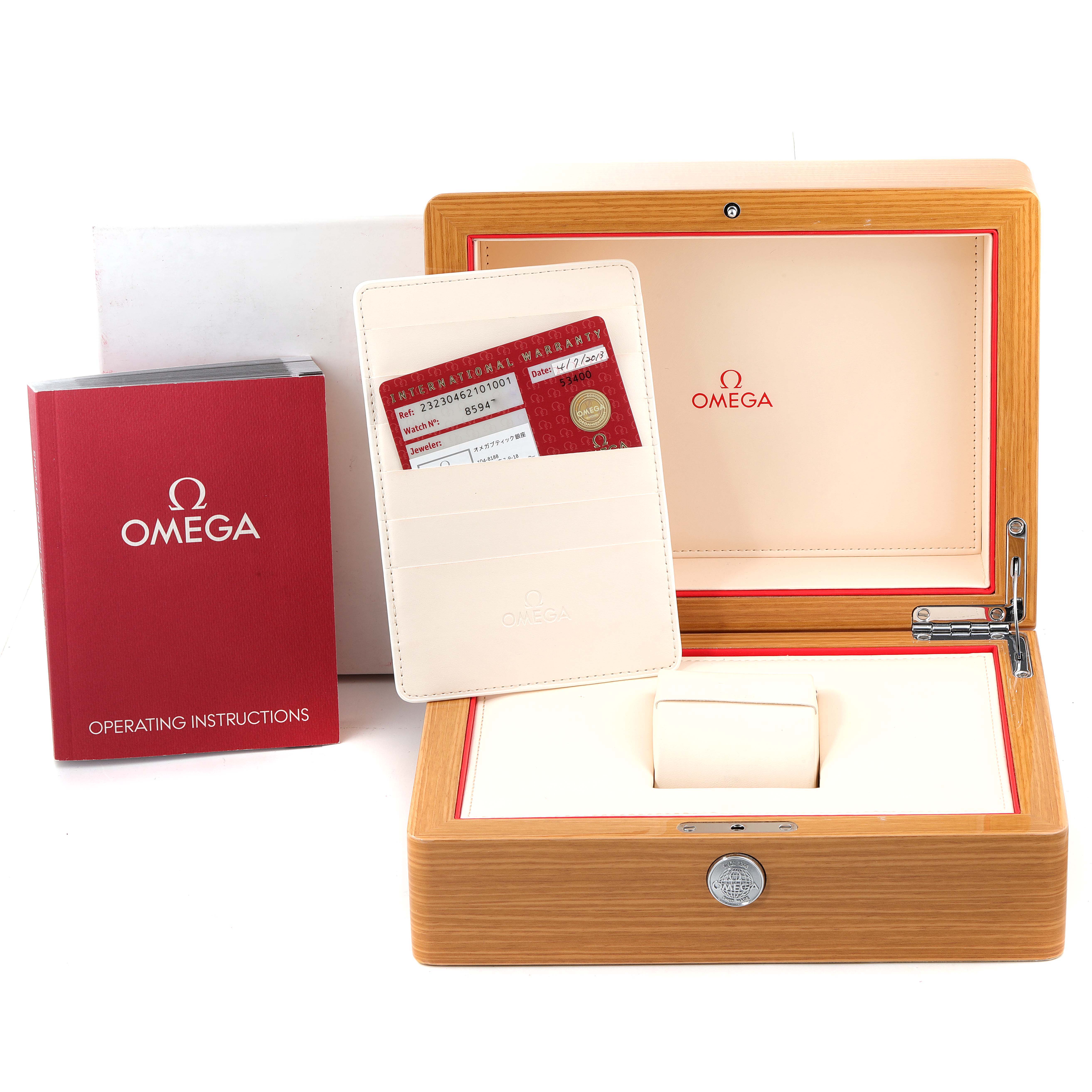 The image shows the packaging, operating instructions, warranty card, and box for the Omega Planet Ocean 232.30.46.21.01.001 Men's Stainless Steel Black Dial 232.30.46.21.01.001 Men's Stainless Steel Black Dial watch.