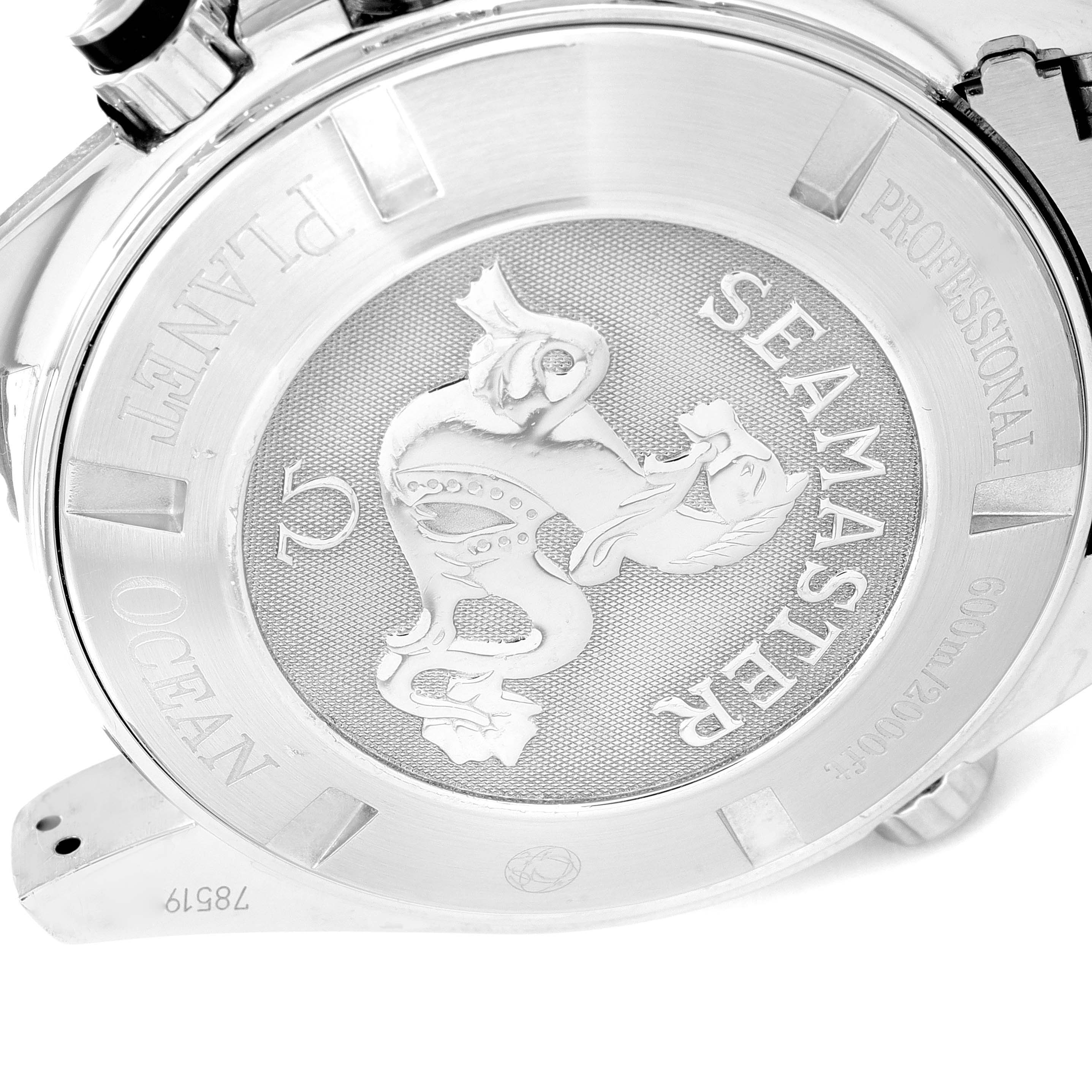 This image shows the case back of an Omega Planet Ocean 2210.50.00 Men's Stainless Steel Black Dial 2210.50.00 Men's Stainless Steel Black Dial Seamaster watch.