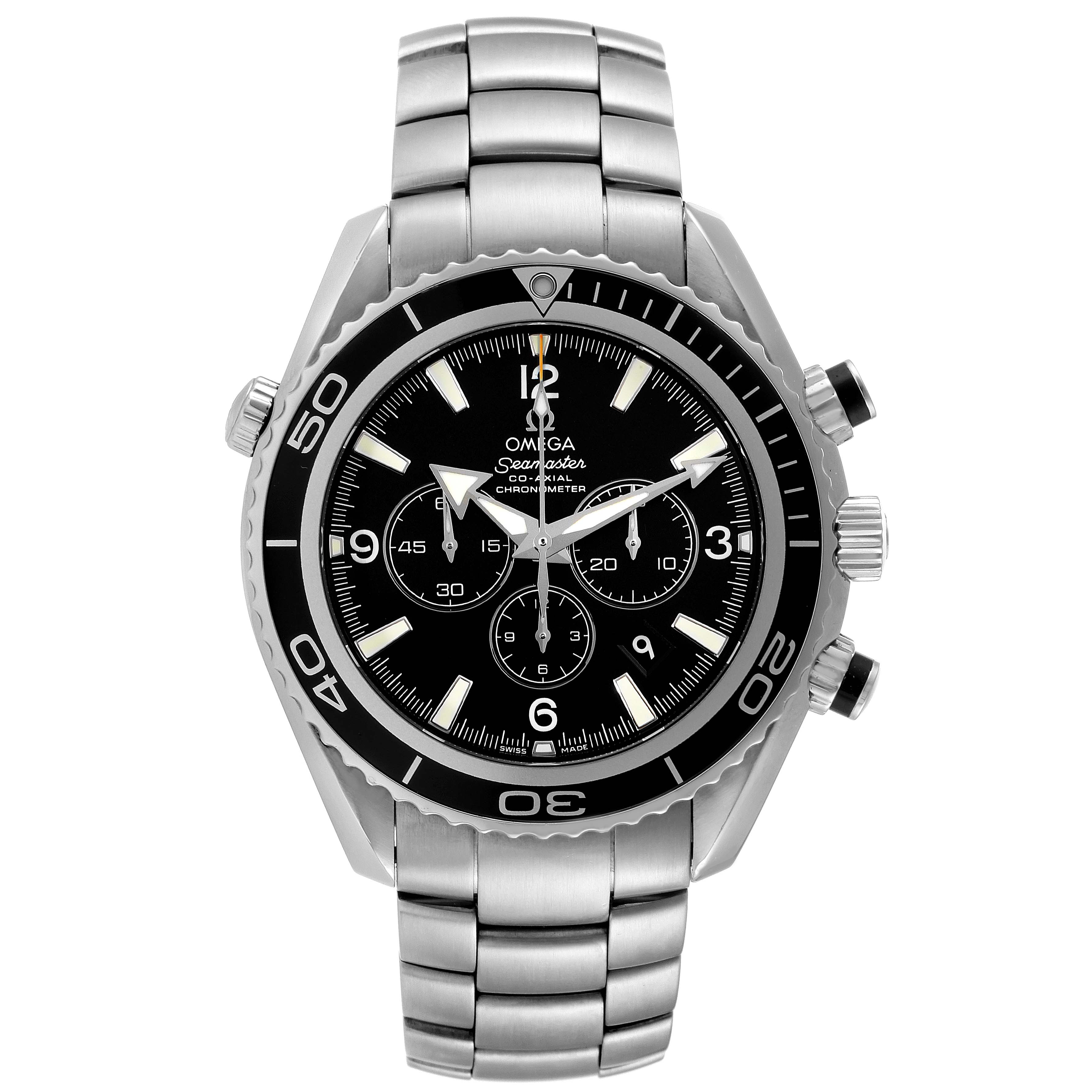 The image shows a front view of the Omega Planet Ocean 2210.50.00 Men's Stainless Steel Black Dial 2210.50.00 Men's Stainless Steel Black Dial model, featuring its dial, bezel, and metal bracelet.