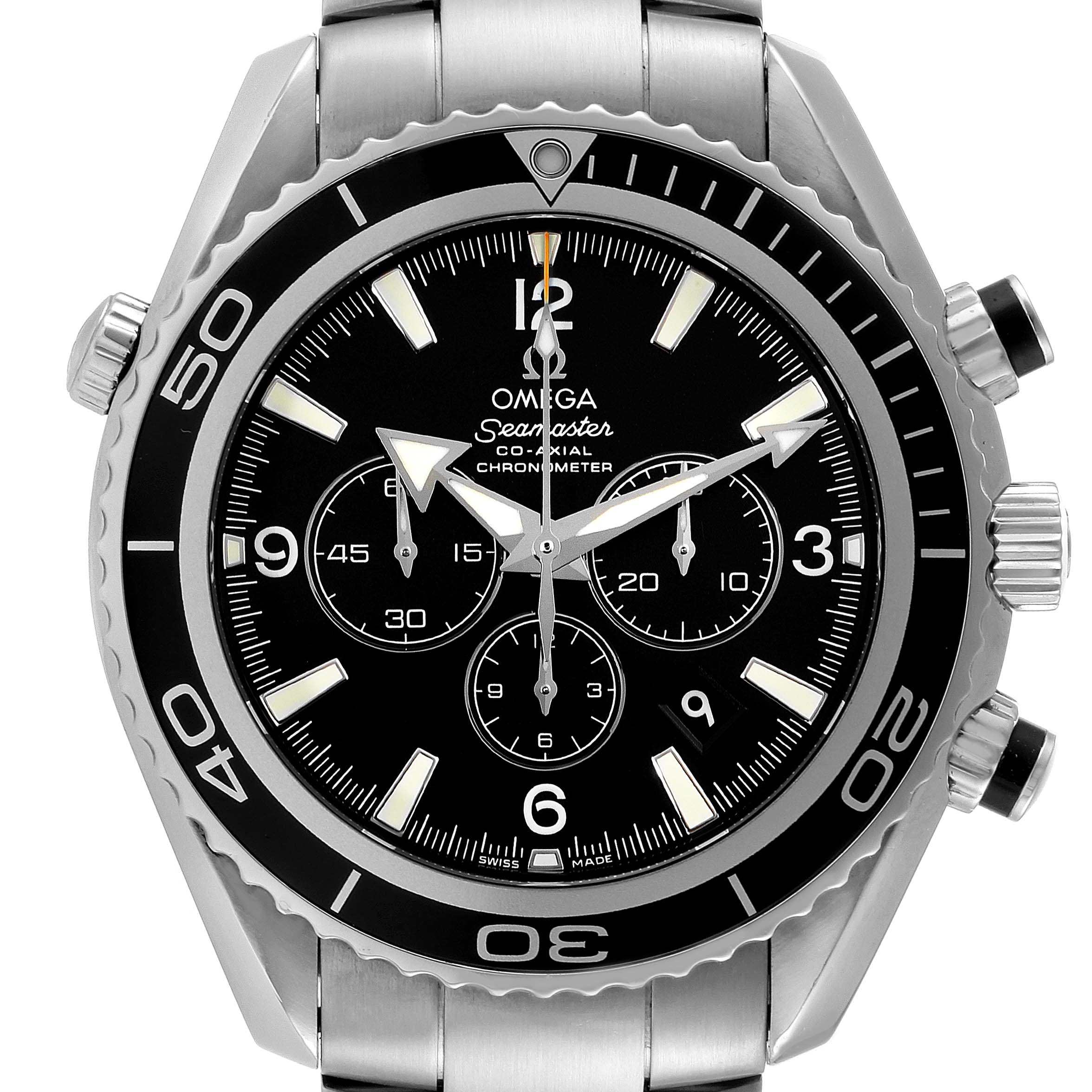 The image shows a front view of an Omega Planet Ocean 2210.50.00 Men's Stainless Steel Black Dial 2210.50.00 Men's Stainless Steel Black Dial watch displaying its case, bezel, dial, and bracelet.