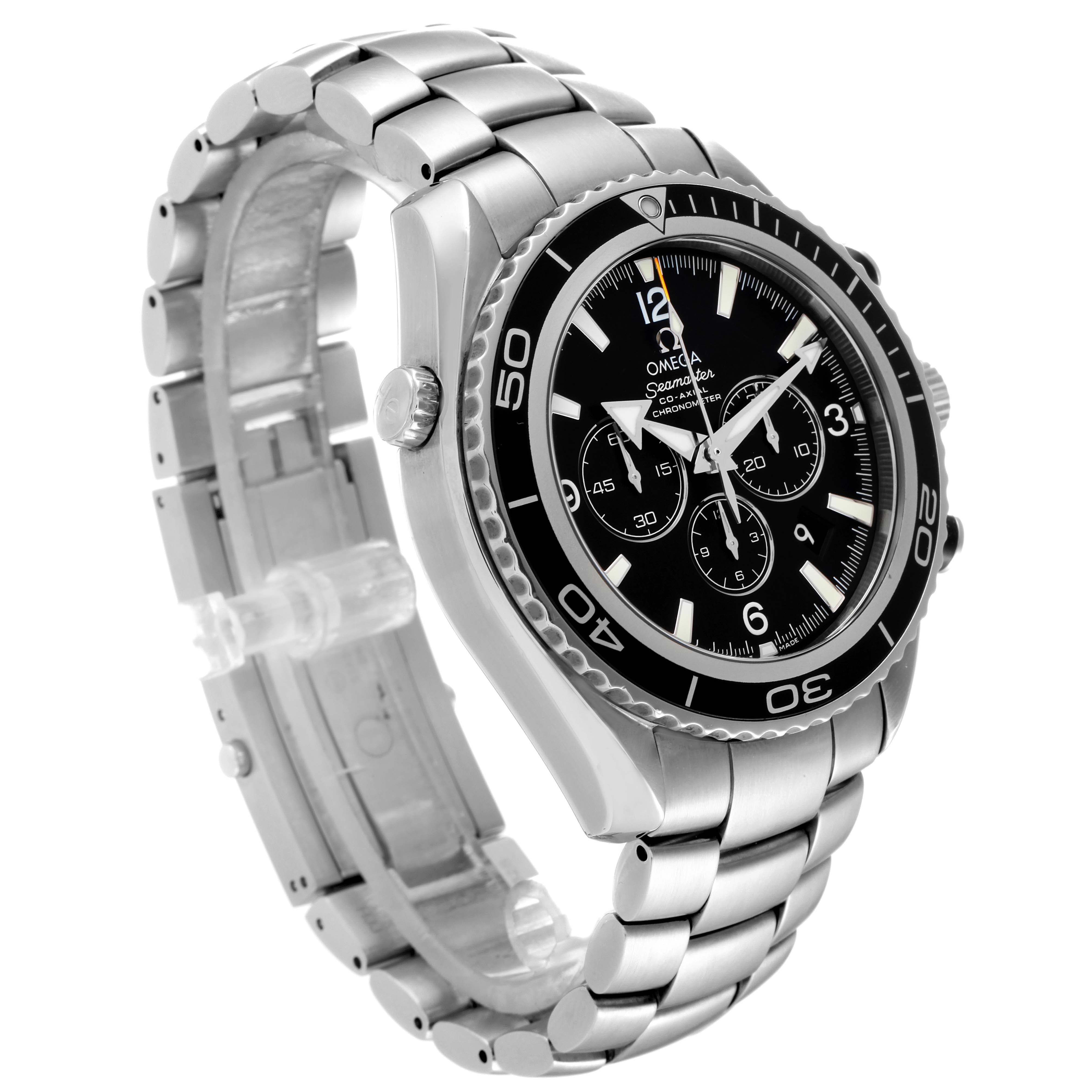 The Omega Planet Ocean 2210.50.00 Men's Stainless Steel Black Dial 2210.50.00 Men's Stainless Steel Black Dial watch is shown at a three-quarter angle, highlighting its bracelet, bezel, dial, and side chronograph buttons.