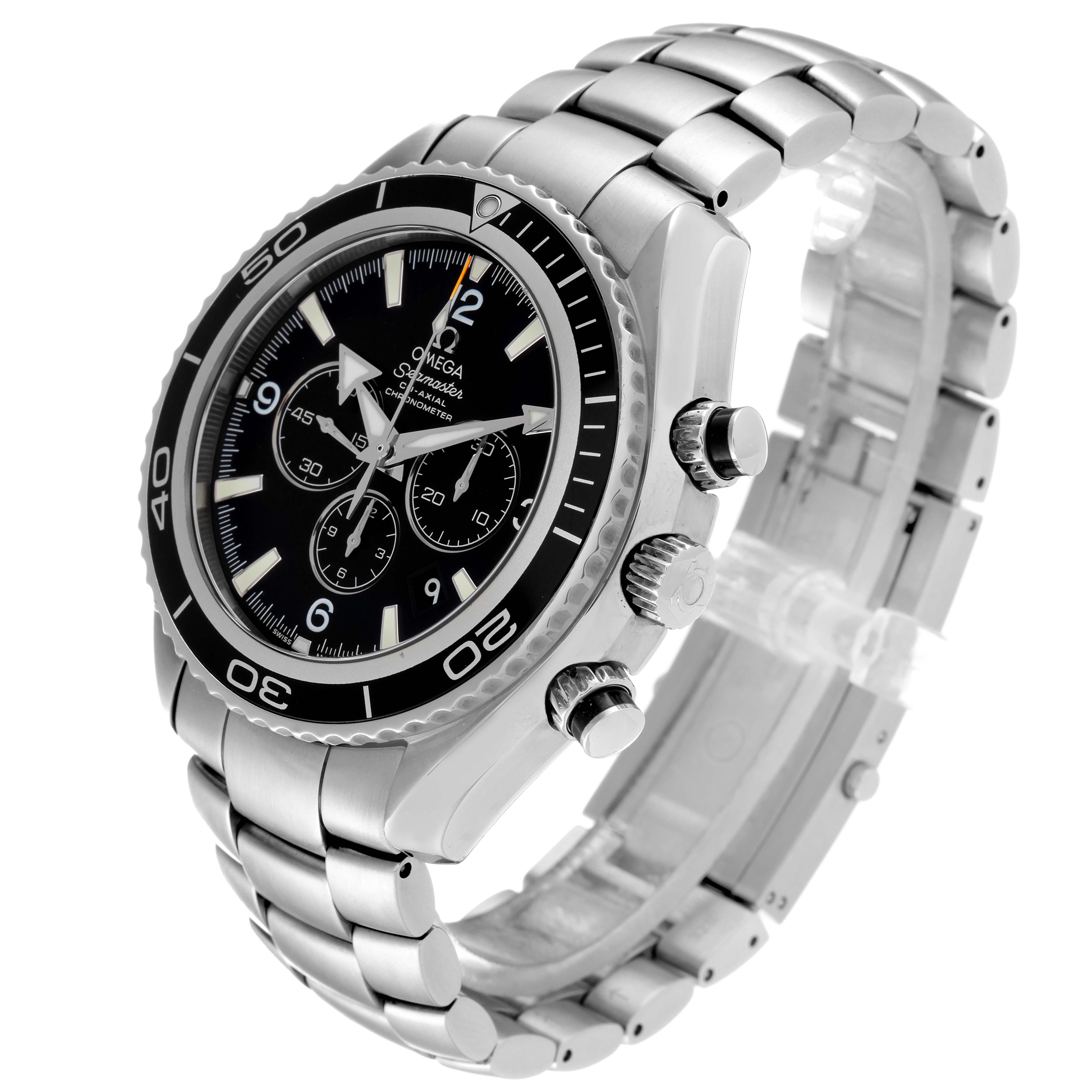 The Omega Planet Ocean 2210.50.00 Men's Stainless Steel Black Dial 2210.50.00 Men's Stainless Steel Black Dial watch is shown at a three-quarter angle, highlighting its face, bezel, and metal bracelet.