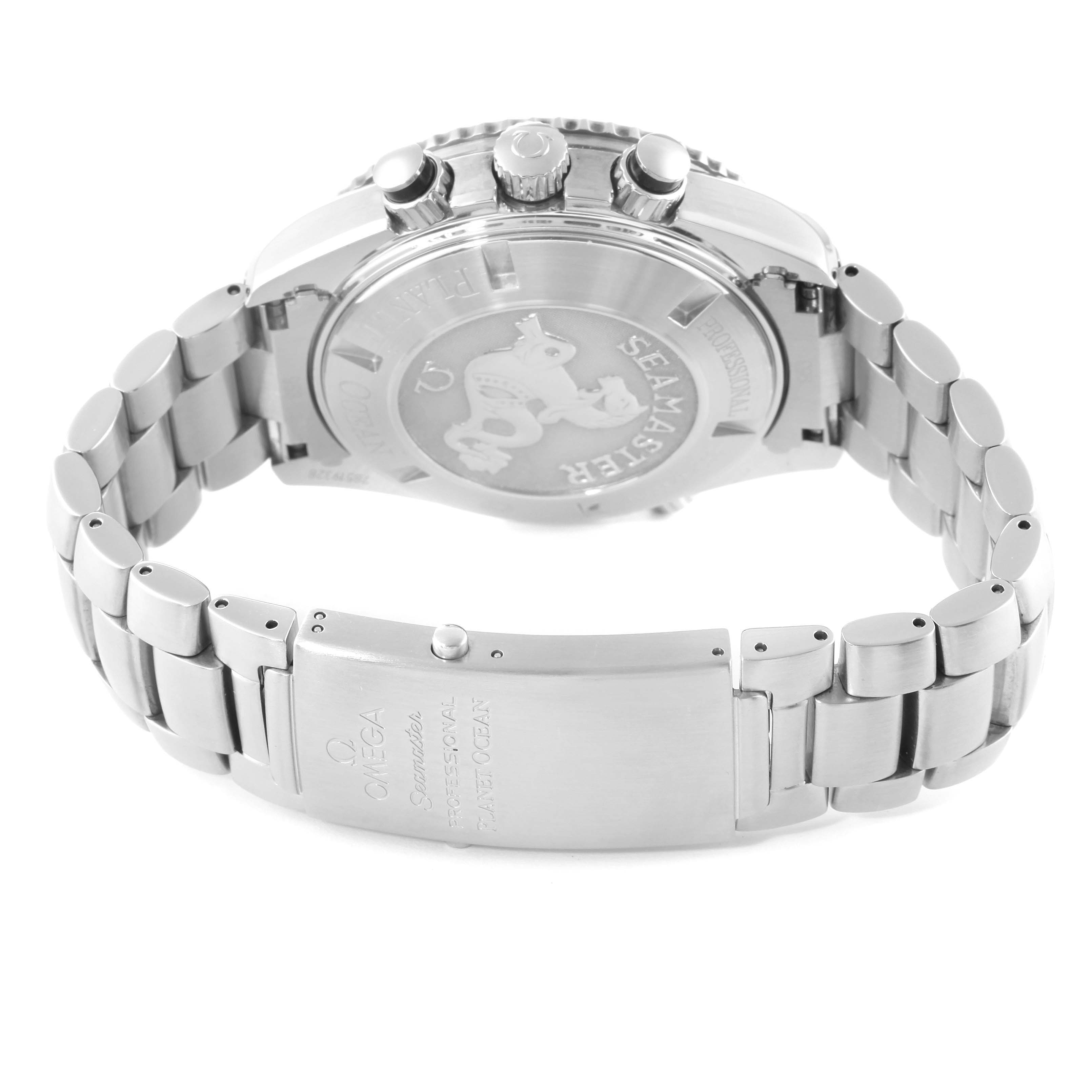 The image shows the back case, bracelet, and clasp of the Omega Planet Ocean 2210.50.00 Men's Stainless Steel Black Dial 2210.50.00 Men's Stainless Steel Black Dial watch at a rear angle.