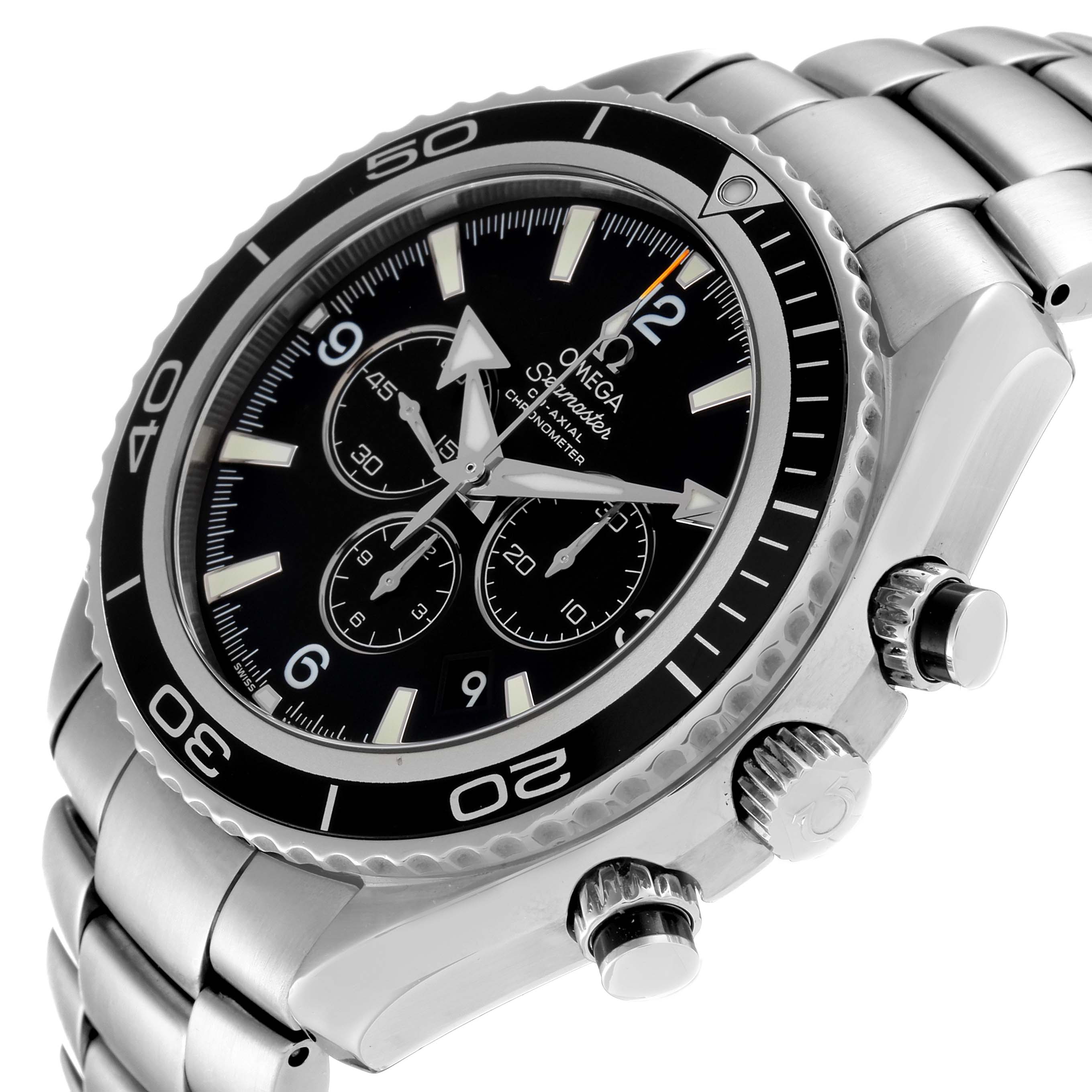The image shows a side angle of the Omega Planet Ocean 2210.50.00 Men's Stainless Steel Black Dial 2210.50.00 Men's Stainless Steel Black Dial watch, highlighting the bezel, dial, chrono pushers, and part of the metal bracelet.