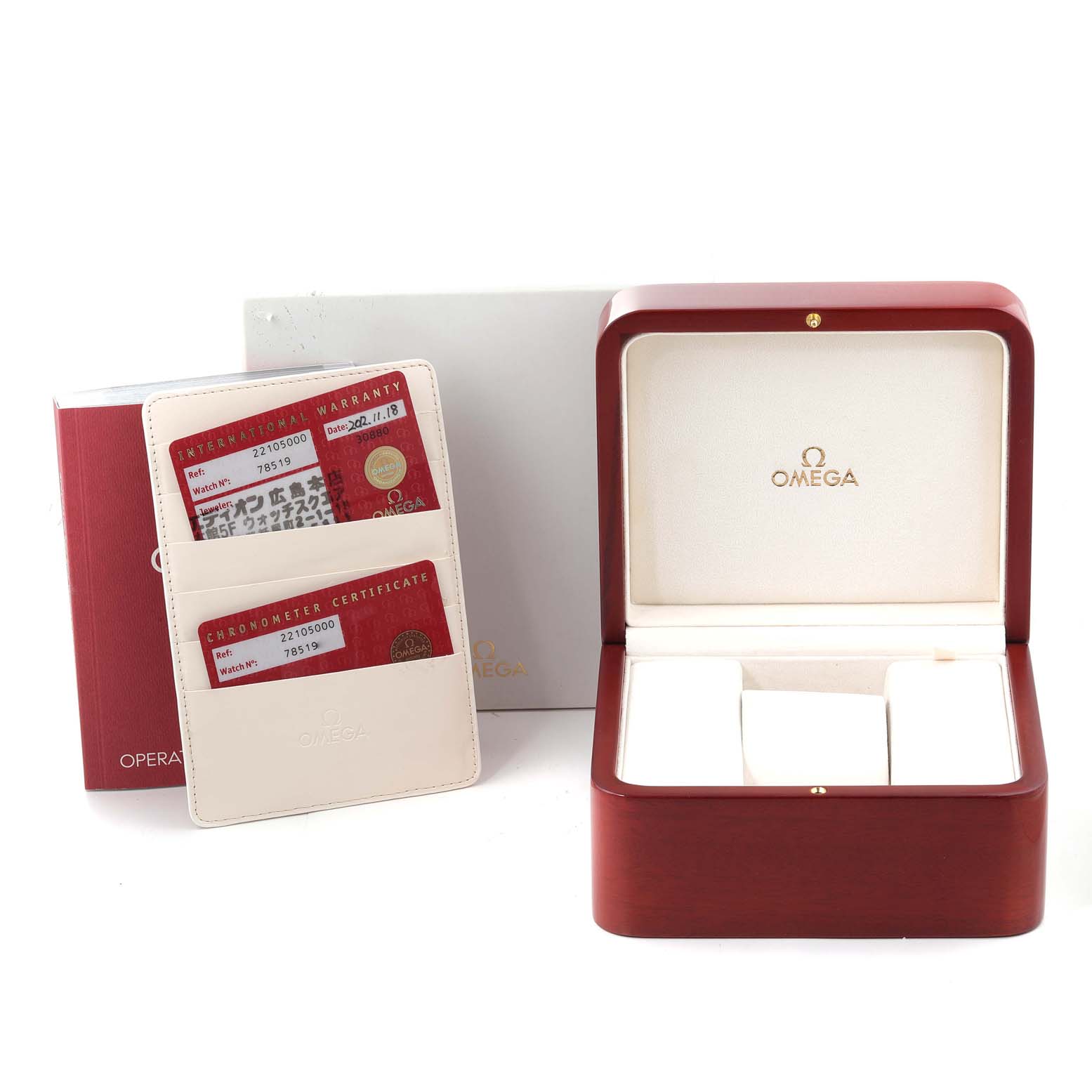 The image shows the packaging, warranty cards, and certificates for the Omega Planet Ocean 2210.50.00 Men's Stainless Steel Black Dial 2210.50.00 Men's Stainless Steel Black Dial model, including a wooden watch box.