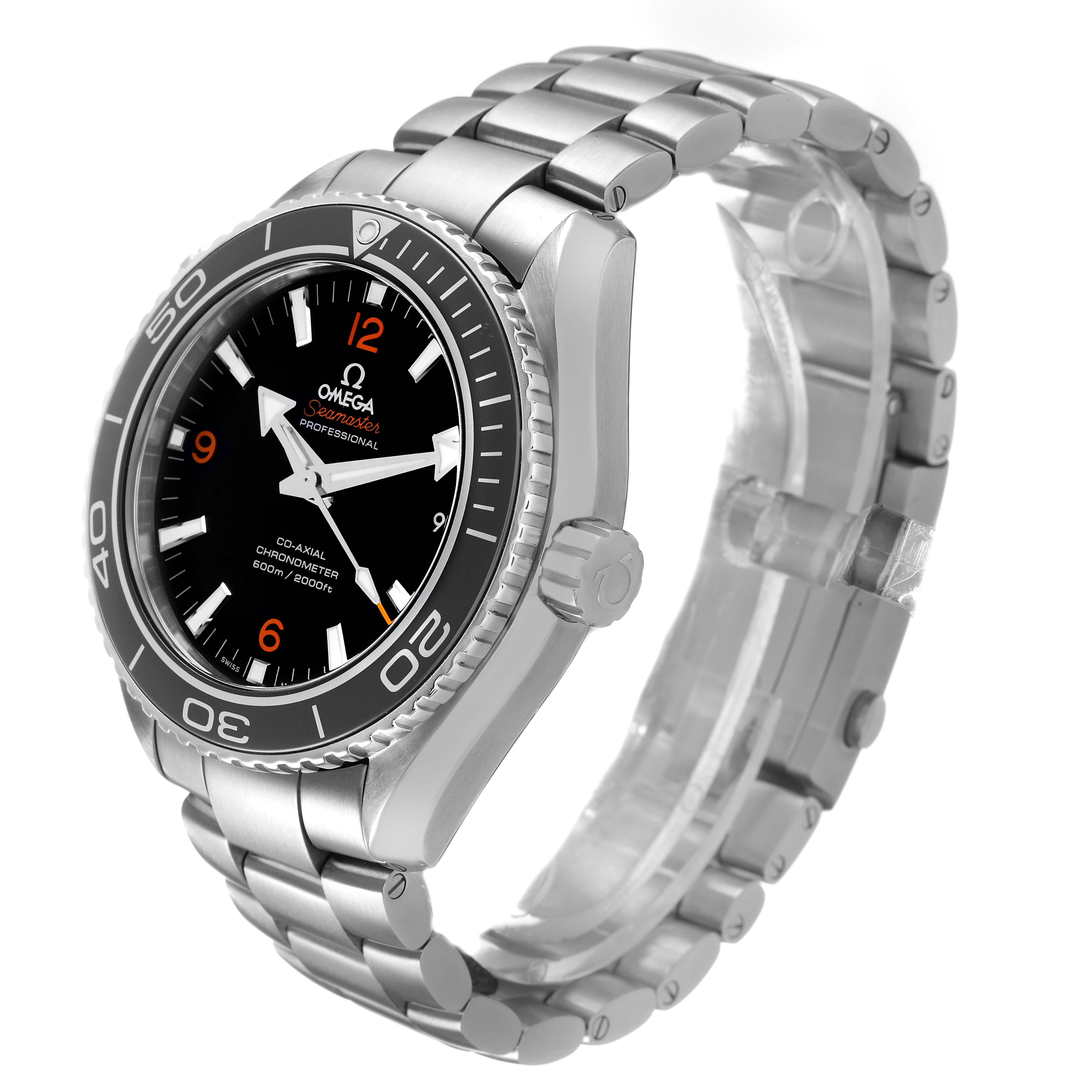 The Omega Planet Ocean 232.30.46.21.01.003 Men's Stainless Steel Black Dial watch is shown at a three-quarter angle displaying its face, bezel, crown, and stainless steel bracelet.