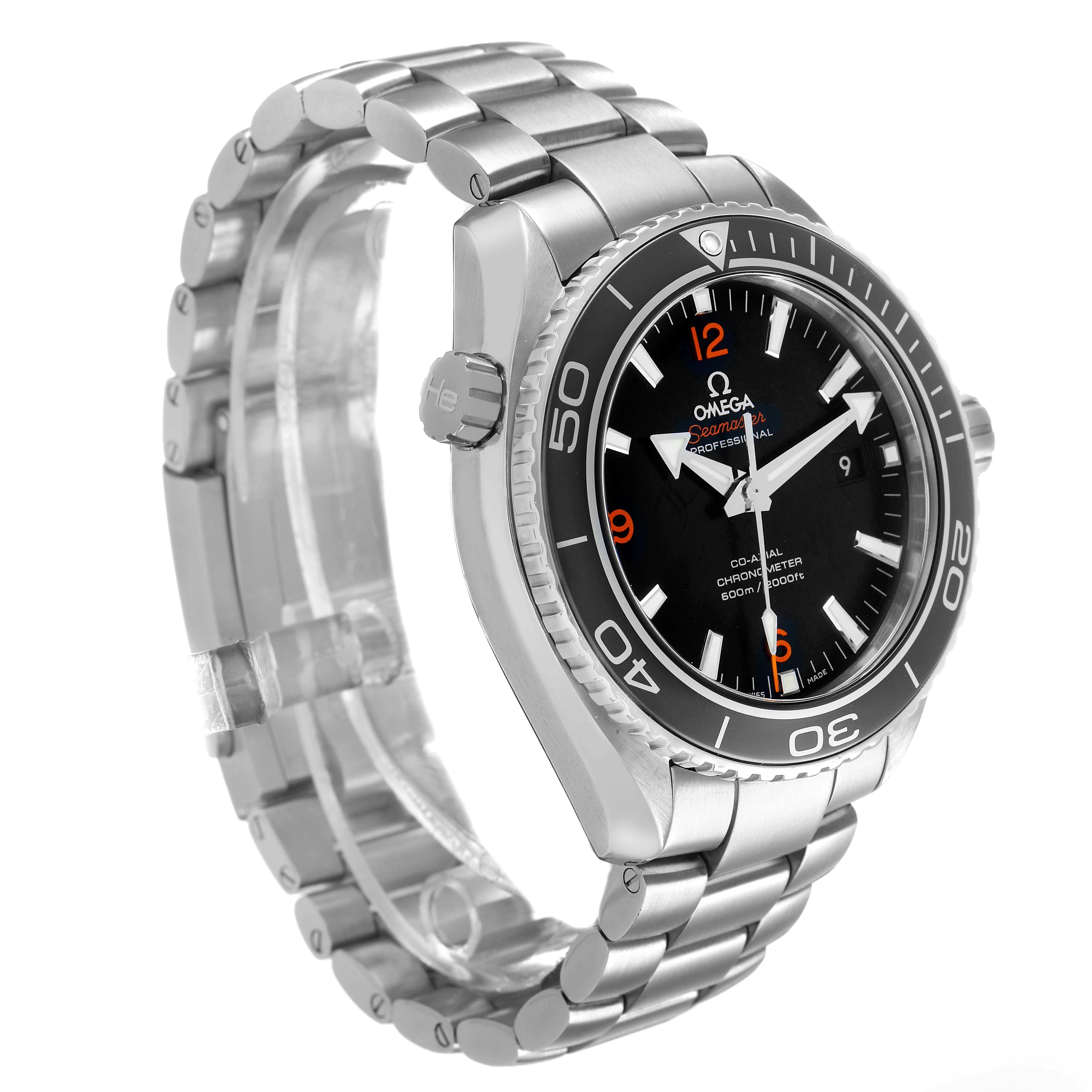 The Omega Planet Ocean 232.30.46.21.01.003 Men's Stainless Steel Black Dial watch is angled to show the bezel, crown, dial, and bracelet clearly from a side-front perspective.