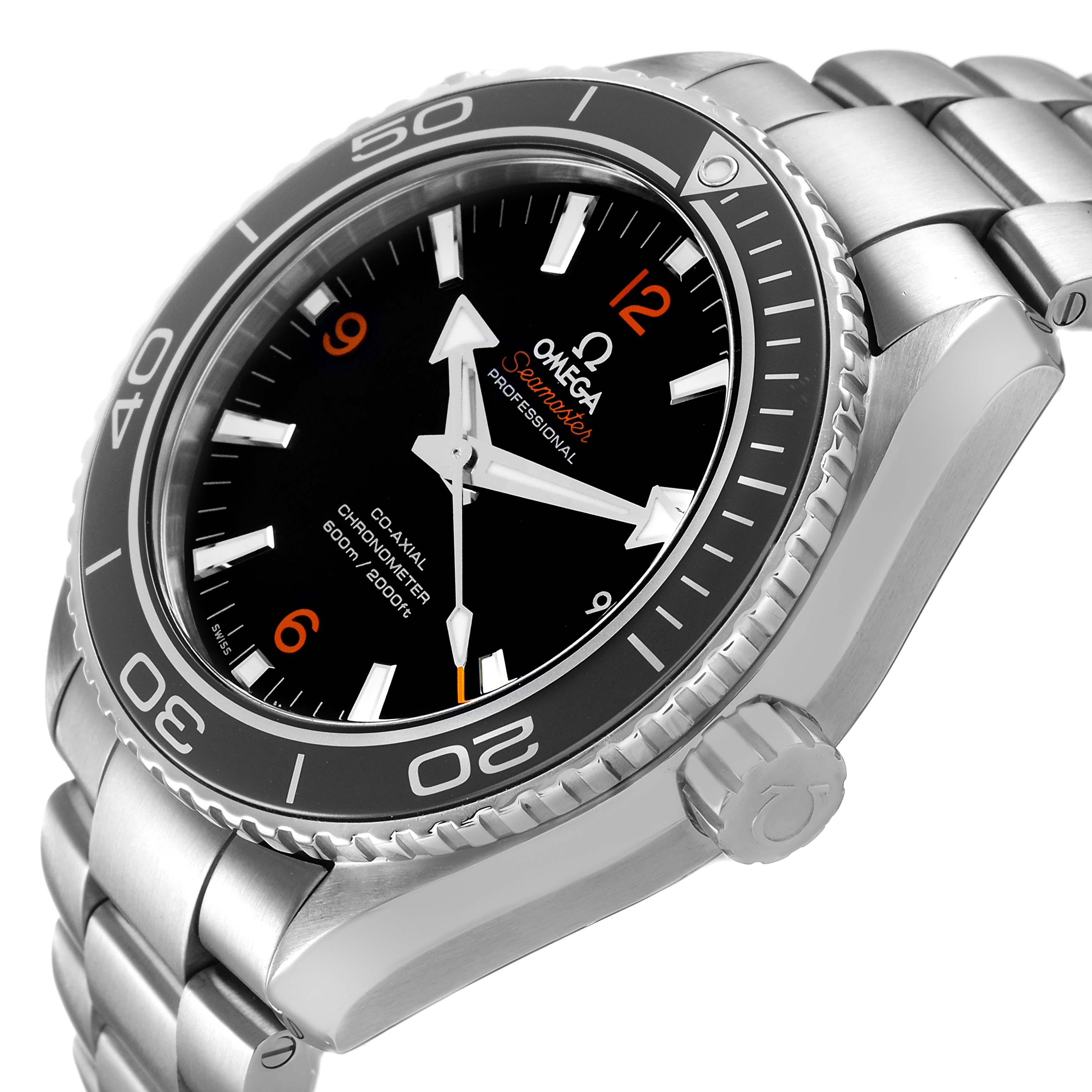 The Omega Planet Ocean 232.30.46.21.01.003 Men's Stainless Steel Black Dial watch is shown at an angle highlighting the face, bezel, case, bracelet, and crown.