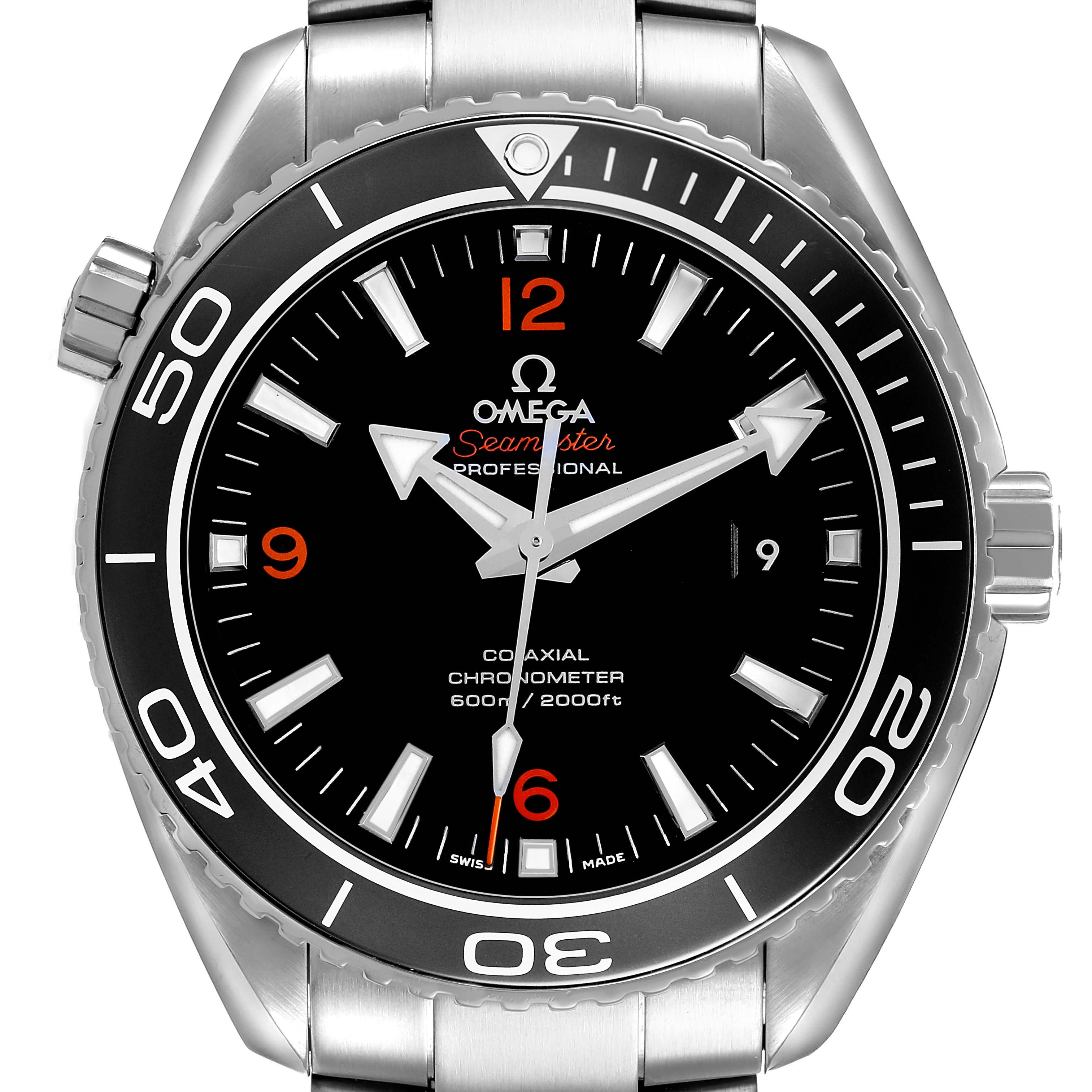 The Omega Planet Ocean 232.30.46.21.01.003 Men's Stainless Steel Black Dial watch is shown from the front, displaying its bezel, dial, hands, and crown.