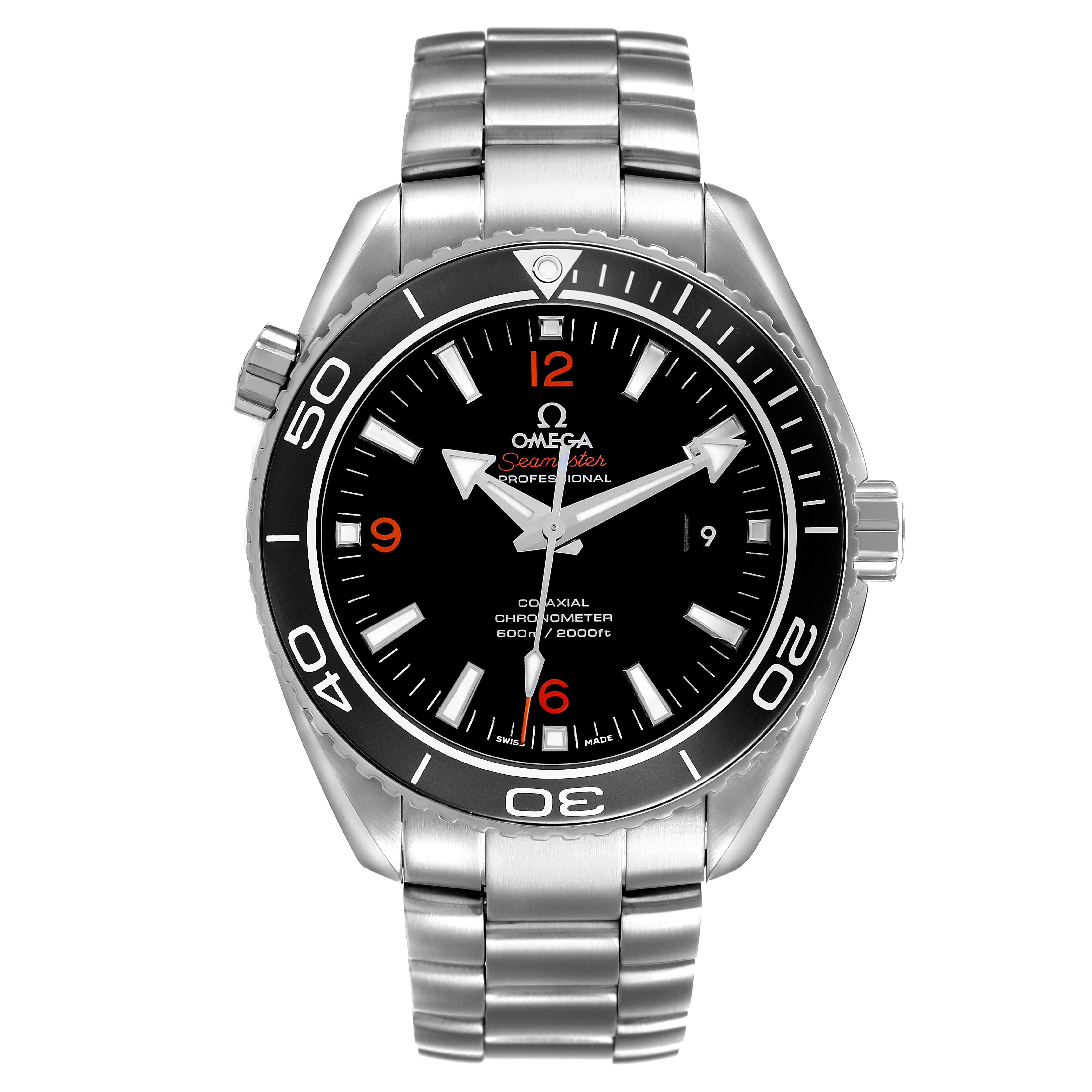 The Omega Planet Ocean 232.30.46.21.01.003 Men's Stainless Steel Black Dial watch is shown from the front, displaying the dial, bezel, crown, and stainless steel bracelet.