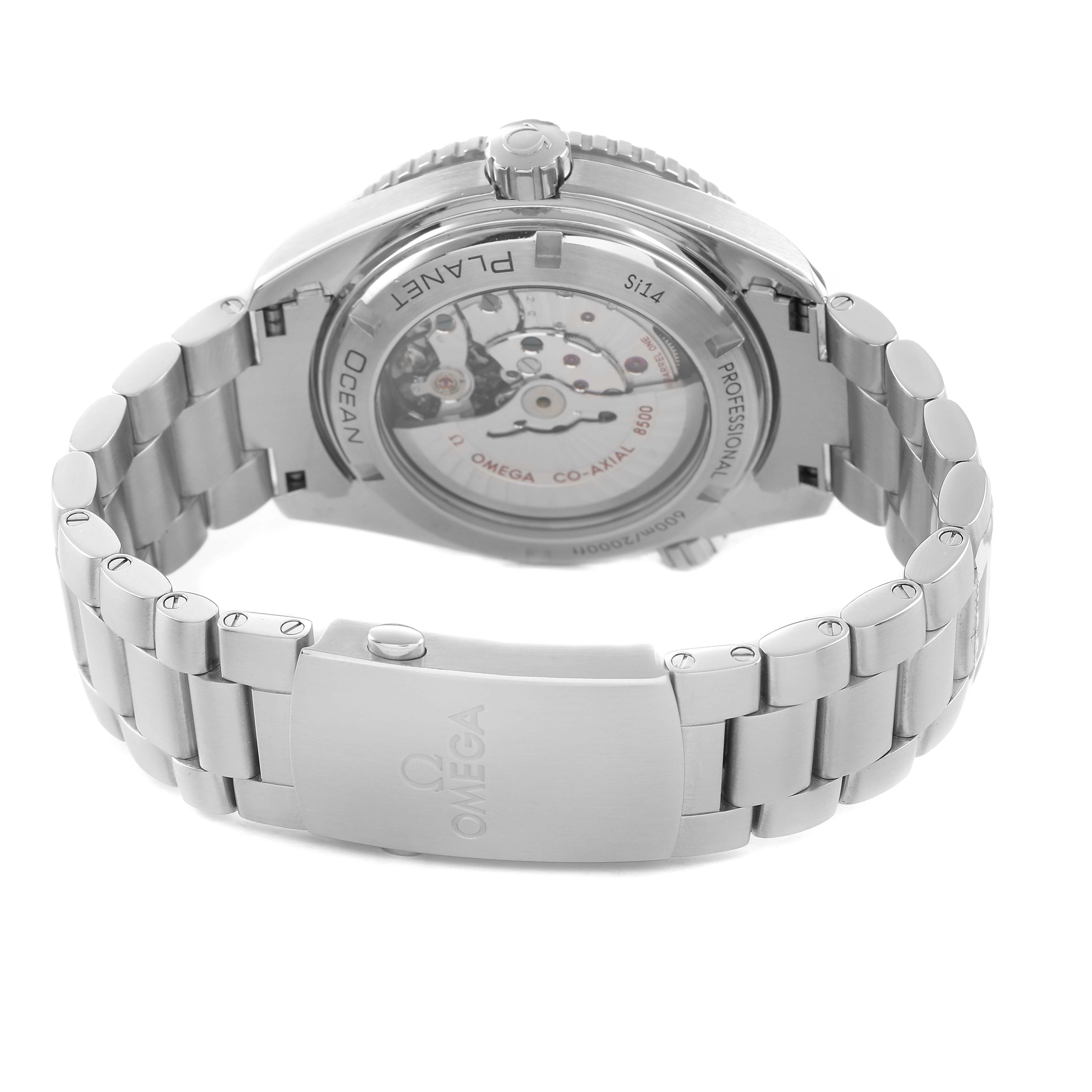 The Omega Planet Ocean 232.30.46.21.01.003 Men's Stainless Steel Black Dial watch is shown from the back, displaying its open caseback and bracelet.