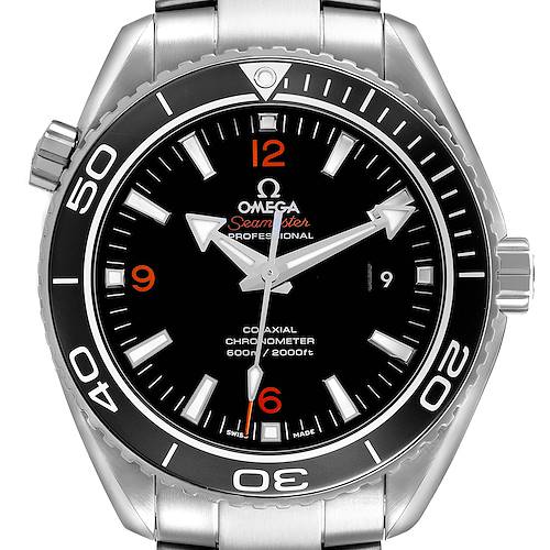 The Omega Planet Ocean 232.30.46.21.01.003 Men's Stainless Steel Black Dial watch is shown from a front angle, highlighting the dial, bezel, and part of the stainless steel bracelet.