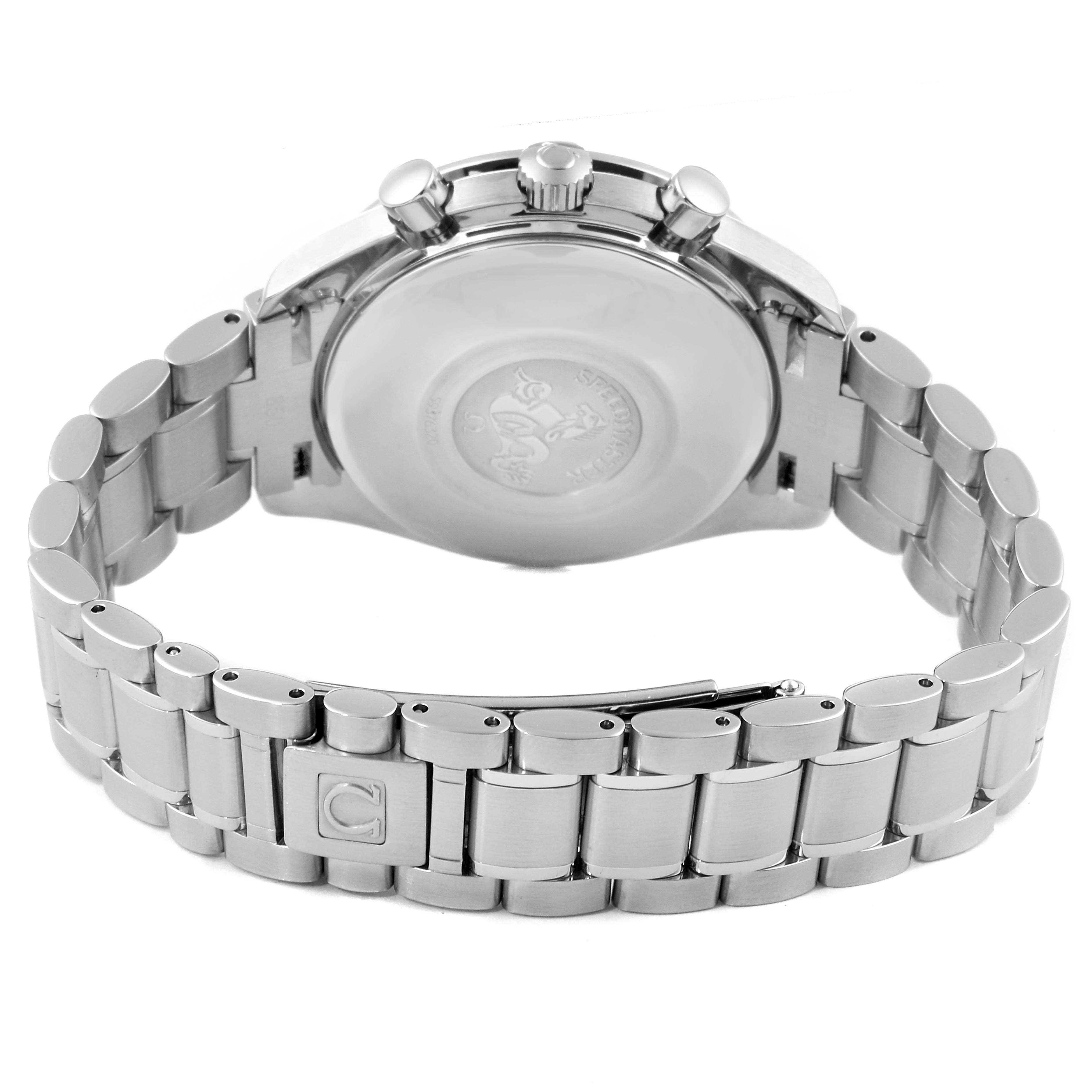 This image shows the back view of an Omega Speedmaster 3513.50.00 Men
s Stainless Steel Black Dial 3513.50.00 Men
s Stainless Steel Black Dial watch, highlighting its case back and metal bracelet.