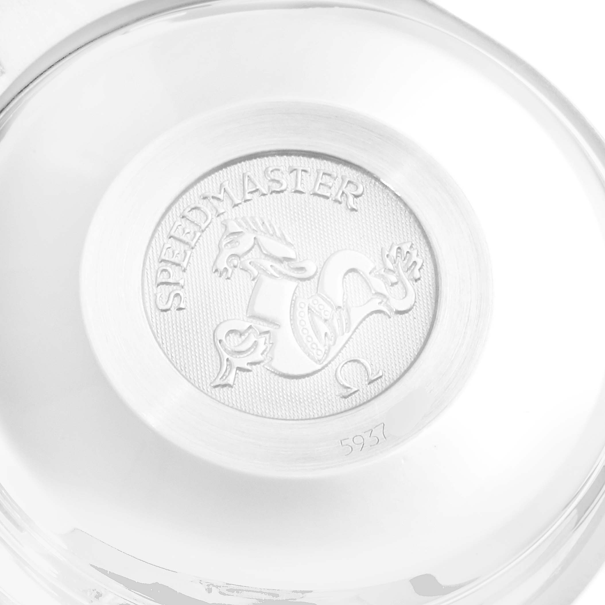 This image shows the case back of an Omega Speedmaster 3513.50.00 Men
s Stainless Steel Black Dial 3513.50.00 Men
s Stainless Steel Black Dial watch viewed from a straight-on angle.