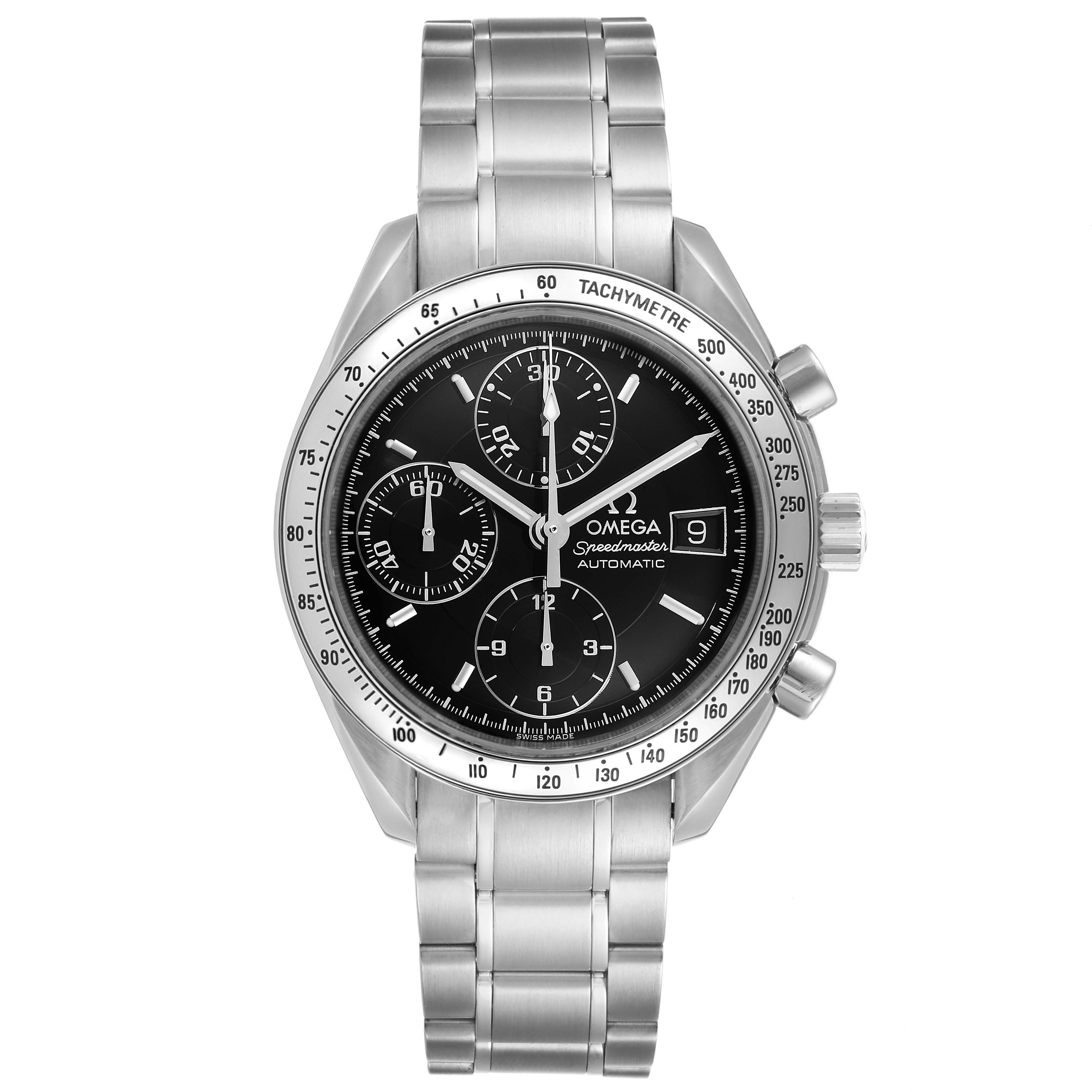 This image shows the front view of an Omega Speedmaster 3513.50.00 Men
s Stainless Steel Black Dial 3513.50.00 Men
s Stainless Steel Black Dial watch, featuring its stainless steel bracelet, tachymeter bezel, and chronograph subdials.