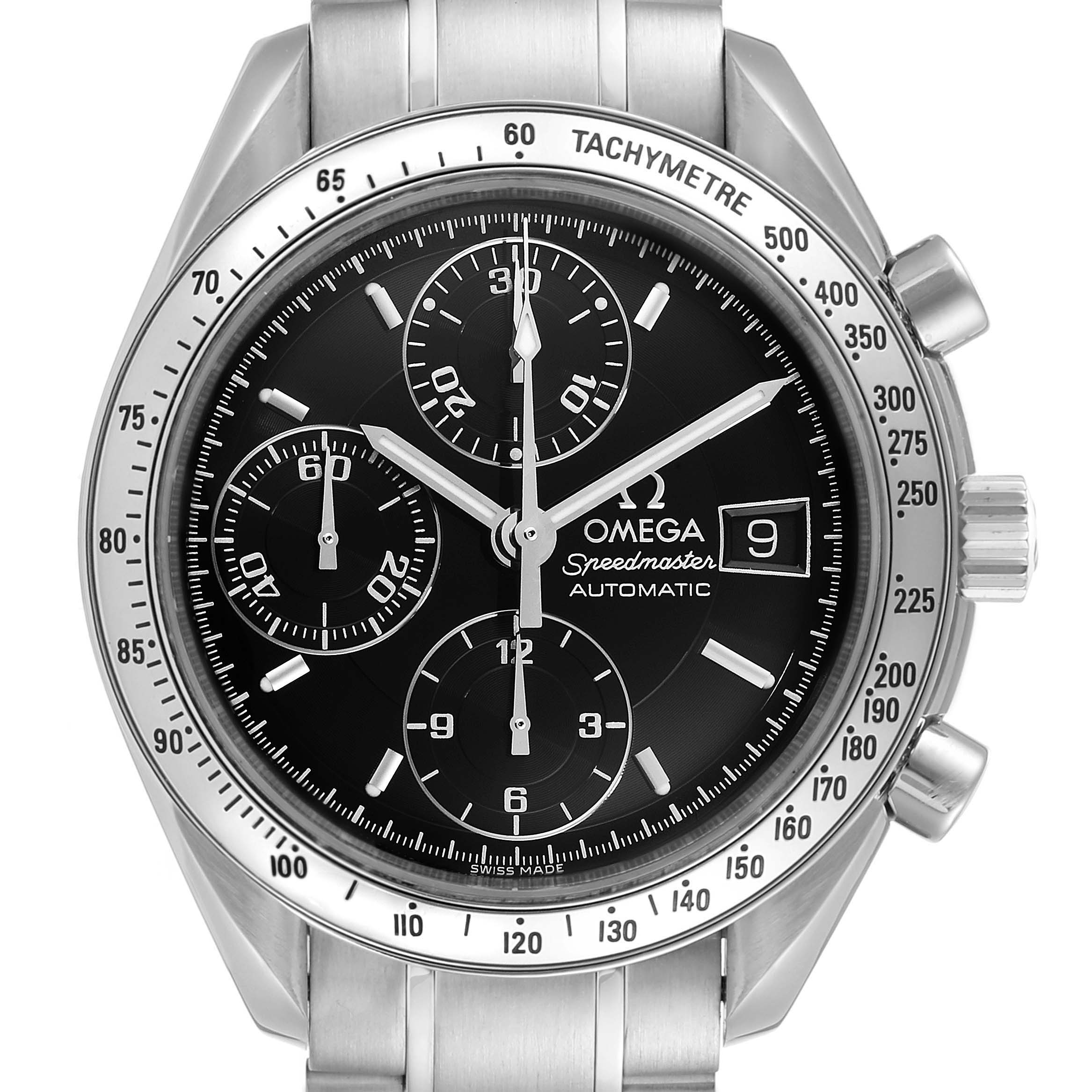This image shows a front view of the Omega Speedmaster 3513.50.00 Men
s Stainless Steel Black Dial 3513.50.00 Men
s Stainless Steel Black Dial watch, highlighting its black dial, chronograph subdials, date window, and tachymeter bezel.
