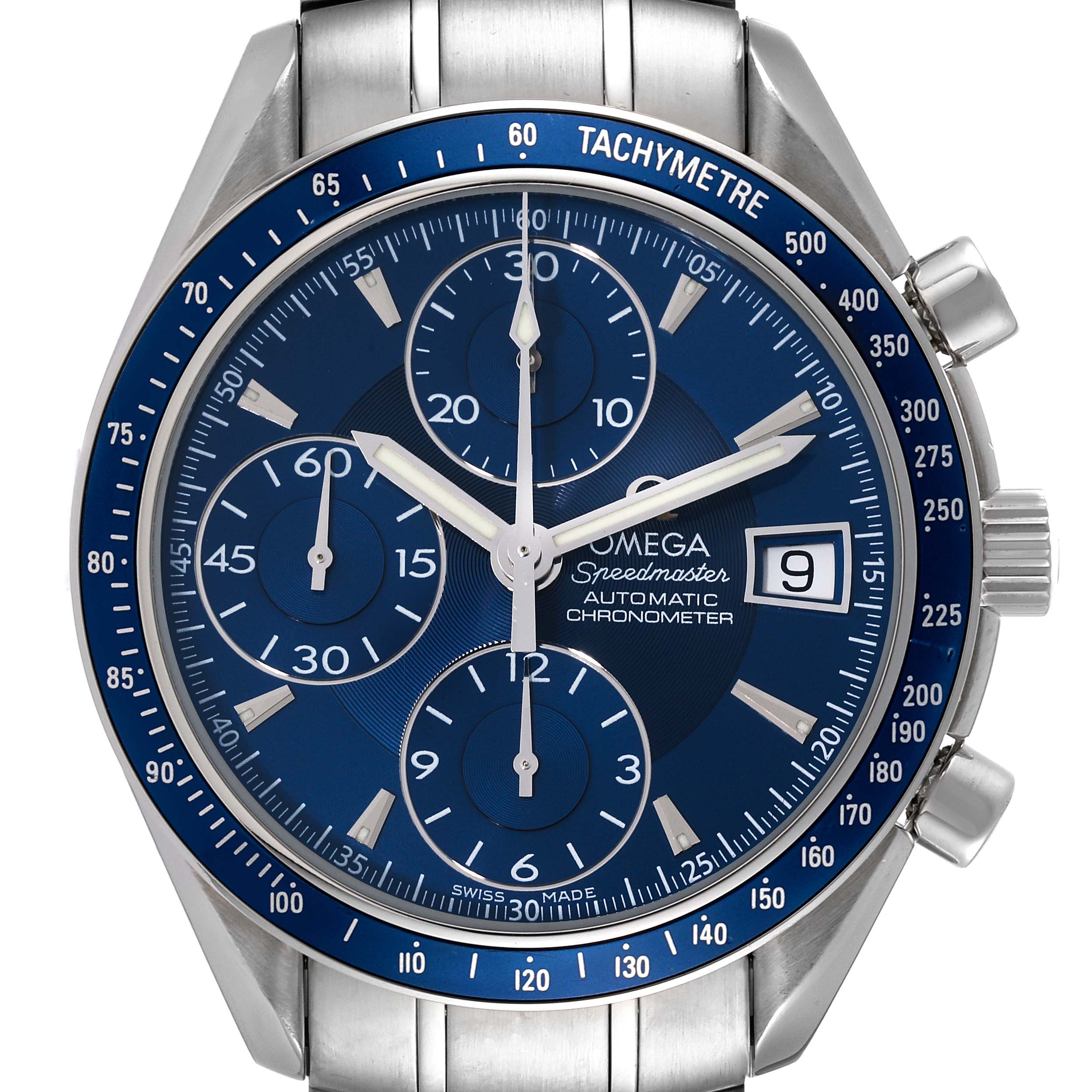 The image shows a front angle of an Omega Speedmaster 3212.80.00 Men's Stainless Steel Blue Dial 3212.80.00 Men's Stainless Steel Blue Dial watch, highlighting its blue dial, chronograph subdials, tachymeter bezel, and date window.