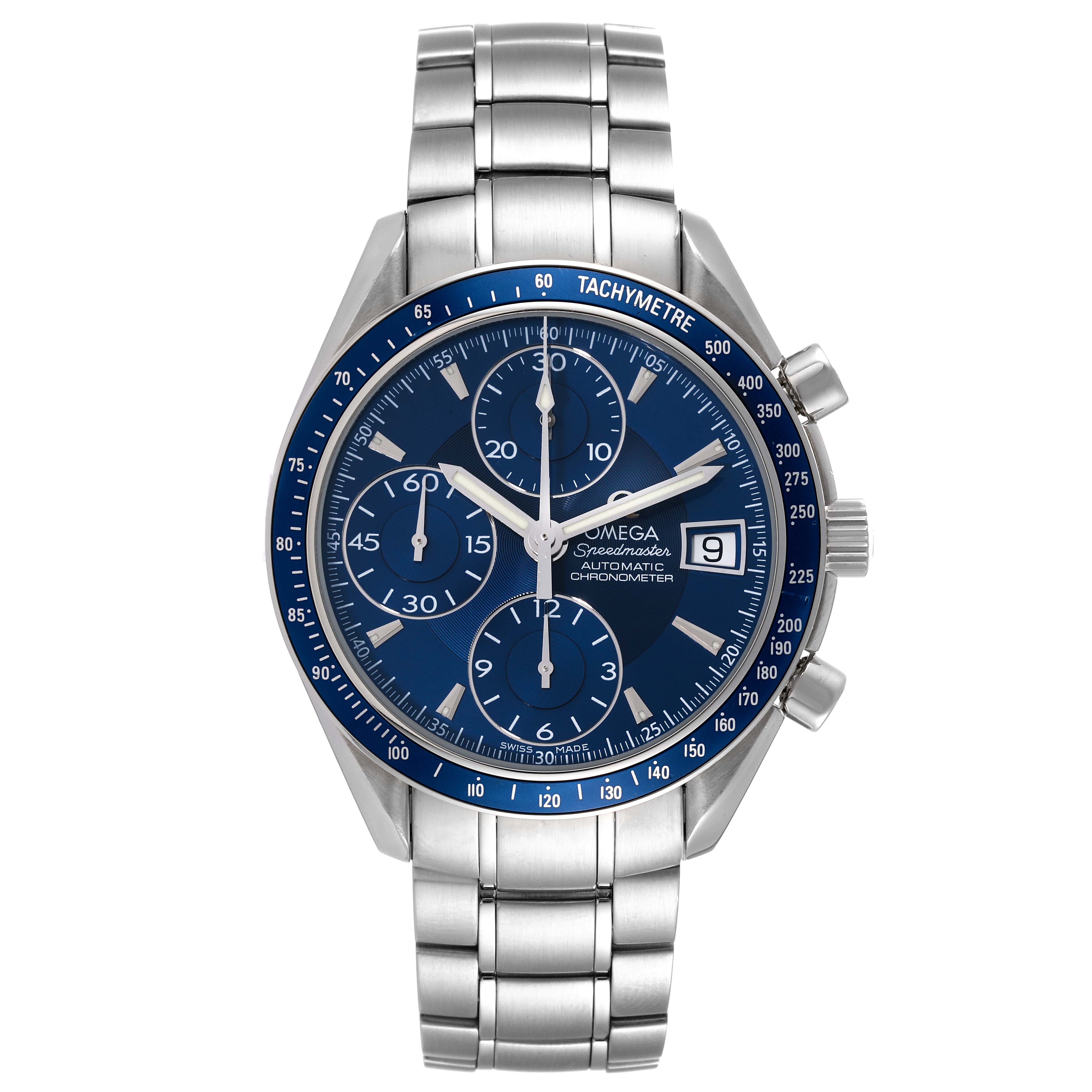 The image shows a frontal view of an Omega Speedmaster 3212.80.00 Men's Stainless Steel Blue Dial 3212.80.00 Men's Stainless Steel Blue Dial watch with a blue dial, chronograph subdials, date window, and tachymeter bezel.