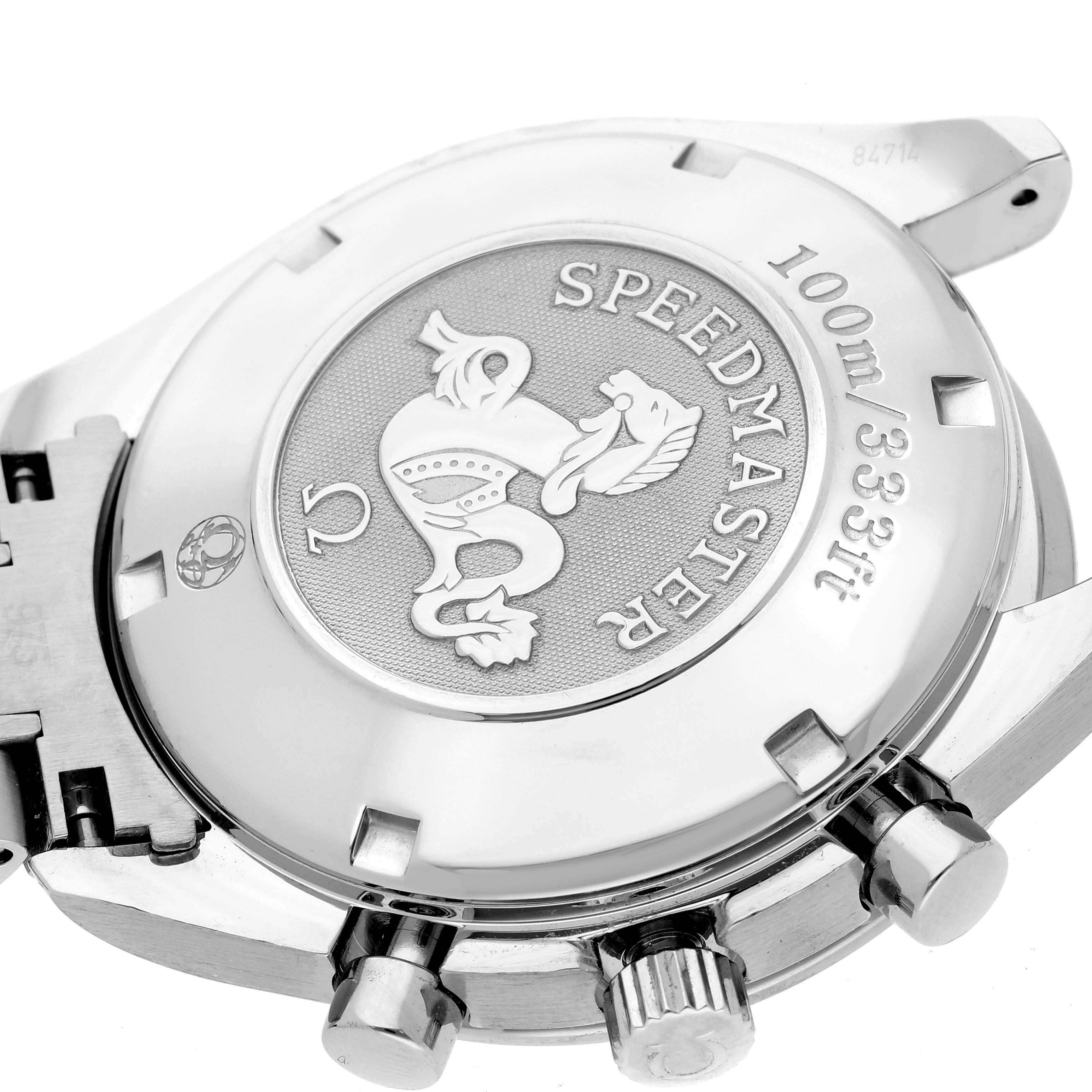 The image shows the back case of an Omega Speedmaster 3212.80.00 Men's Stainless Steel Blue Dial 3212.80.00 Men's Stainless Steel Blue Dial watch at a slight angle, highlighting the model name and decorative emblem.