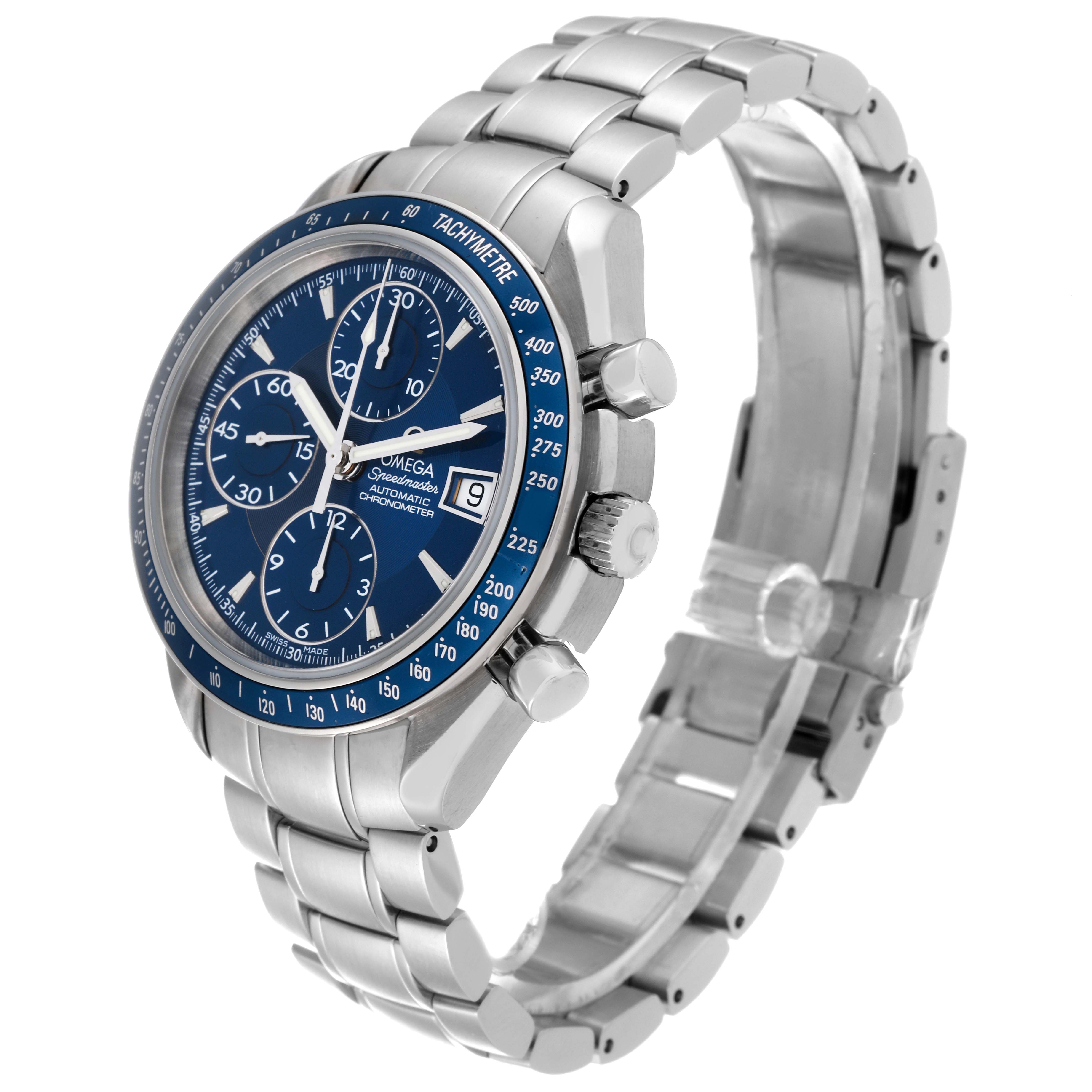 The Omega Speedmaster 3212.80.00 Men's Stainless Steel Blue Dial 3212.80.00 Men's Stainless Steel Blue Dial watch is shown at a three-quarter angle, displaying its blue dial, tachymeter bezel, chronograph subdials, and metal bracelet.