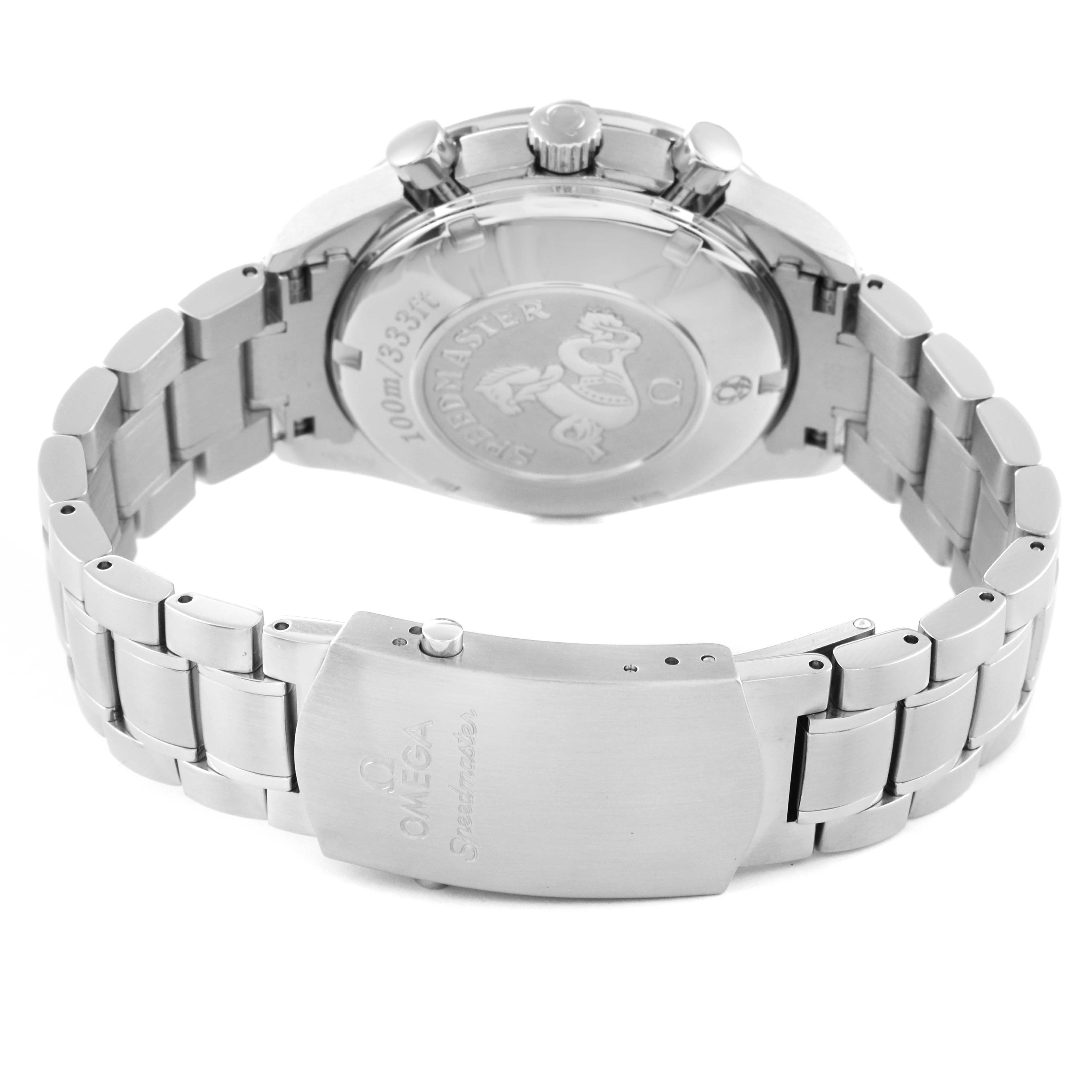 The image shows the back view of the Omega Speedmaster 3212.80.00 Men's Stainless Steel Blue Dial 3212.80.00 Men's Stainless Steel Blue Dial, highlighting its clasp, bracelet, and case back.