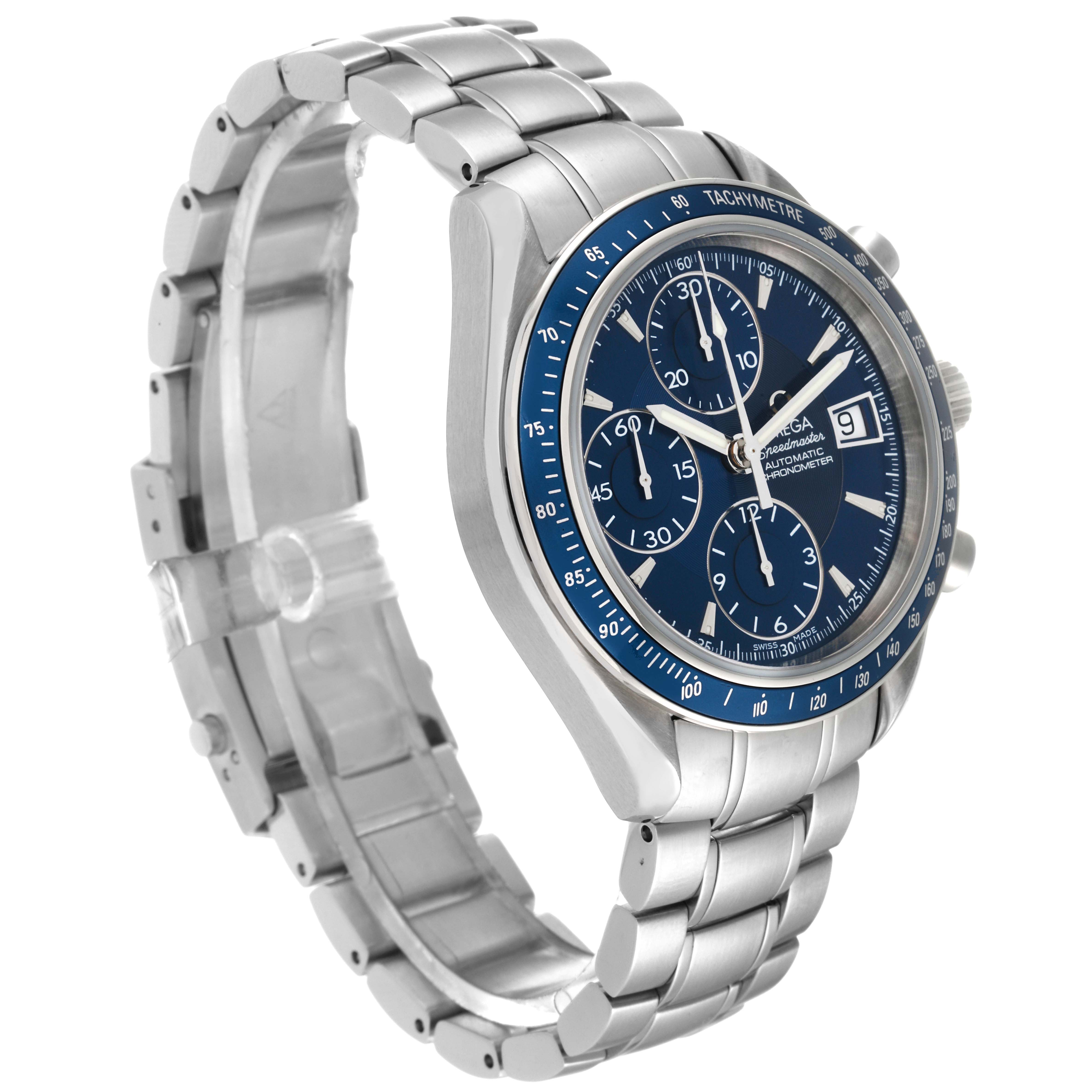 The image shows a side angle of the Omega Speedmaster 3212.80.00 Men's Stainless Steel Blue Dial 3212.80.00 Men's Stainless Steel Blue Dial watch with a metal bracelet and a blue dial.