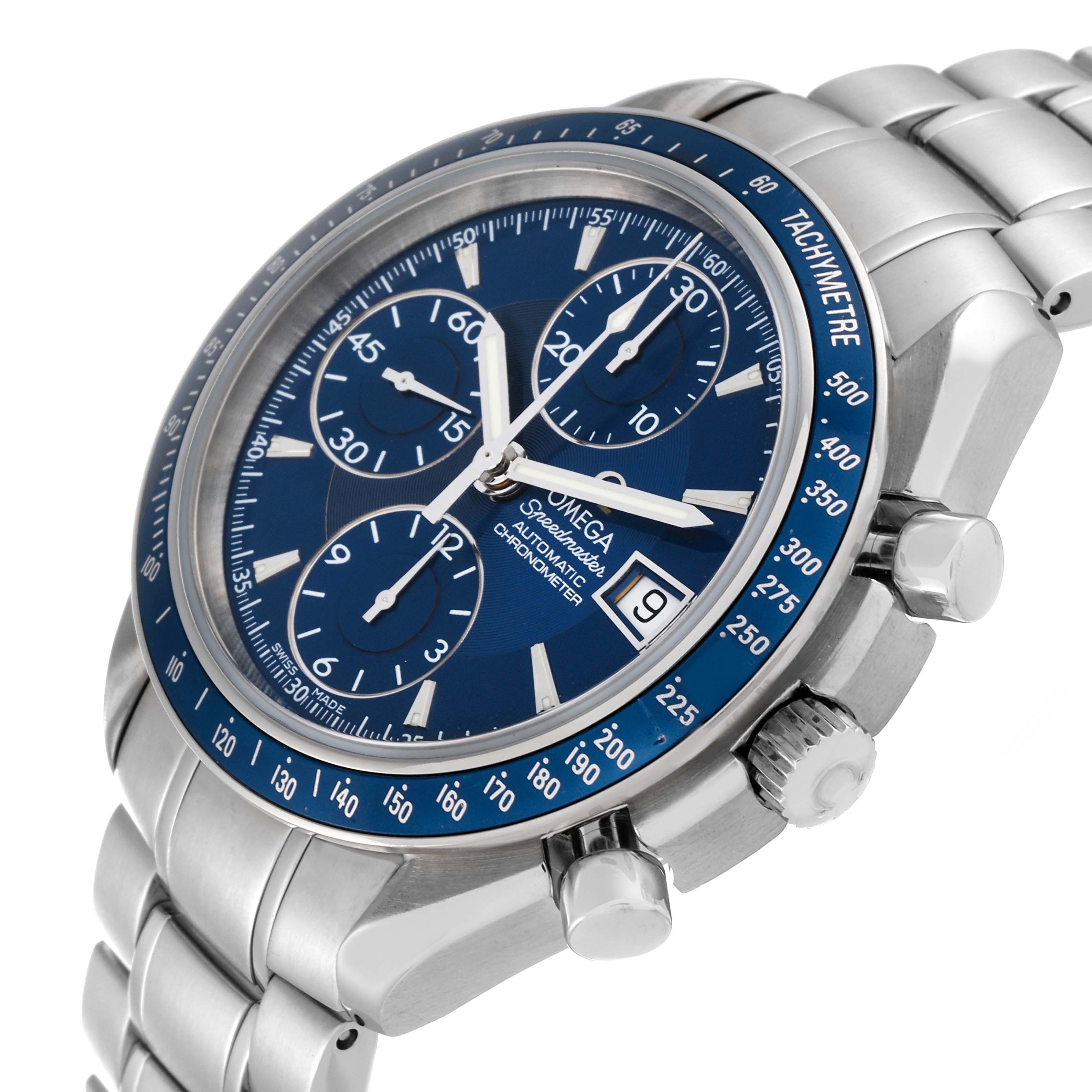 The Omega Speedmaster 3212.80.00 Men's Stainless Steel Blue Dial 3212.80.00 Men's Stainless Steel Blue Dial watch is shown at an angled close-up, highlighting the dial, tachymeter, and side pushers.