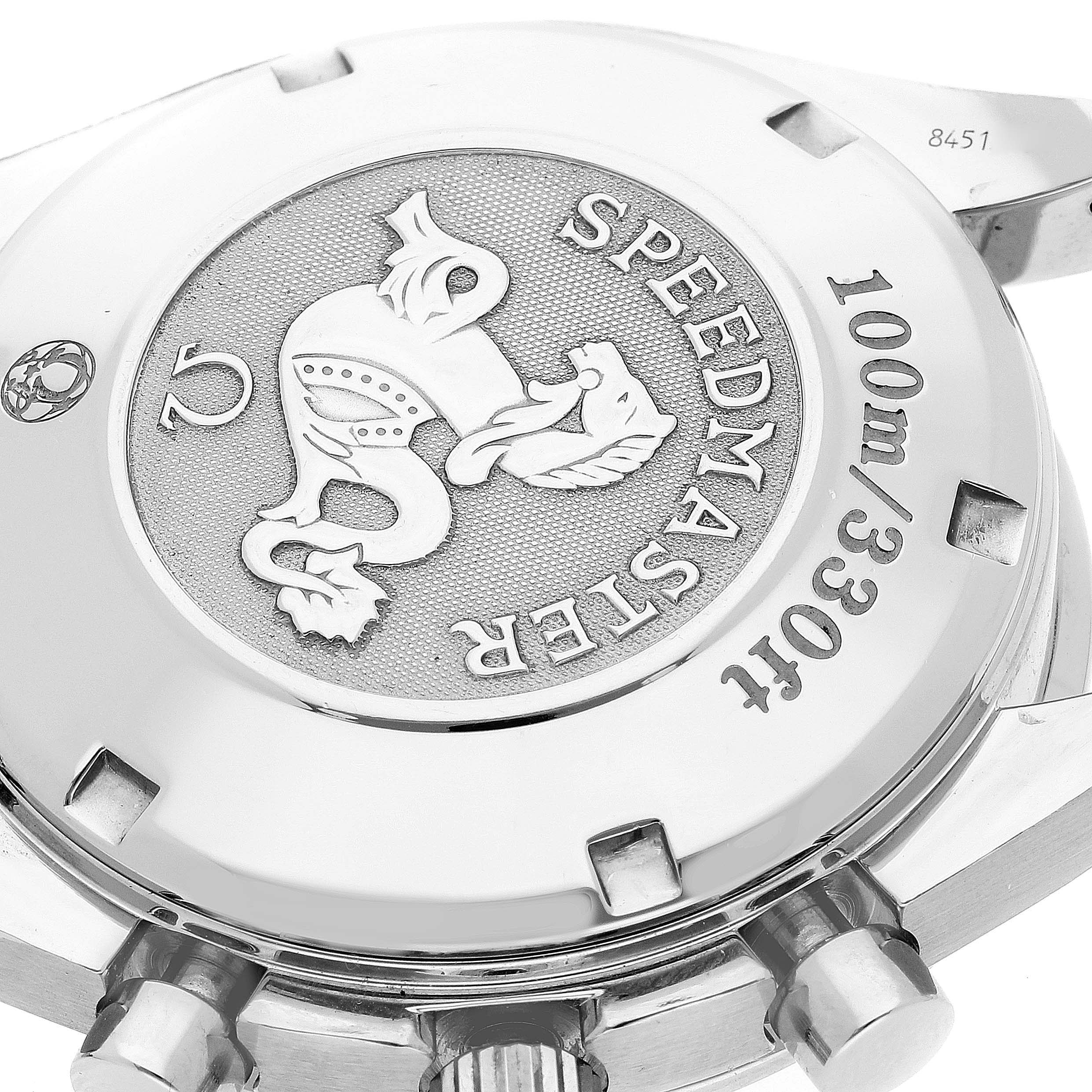 The image shows the case back of an Omega Speedmaster 3210.50.00 Men's Stainless Steel Black Dial 3210.50.00 Men's Stainless Steel Black Dial watch, highlighting the engraved logo and water resistance rating.