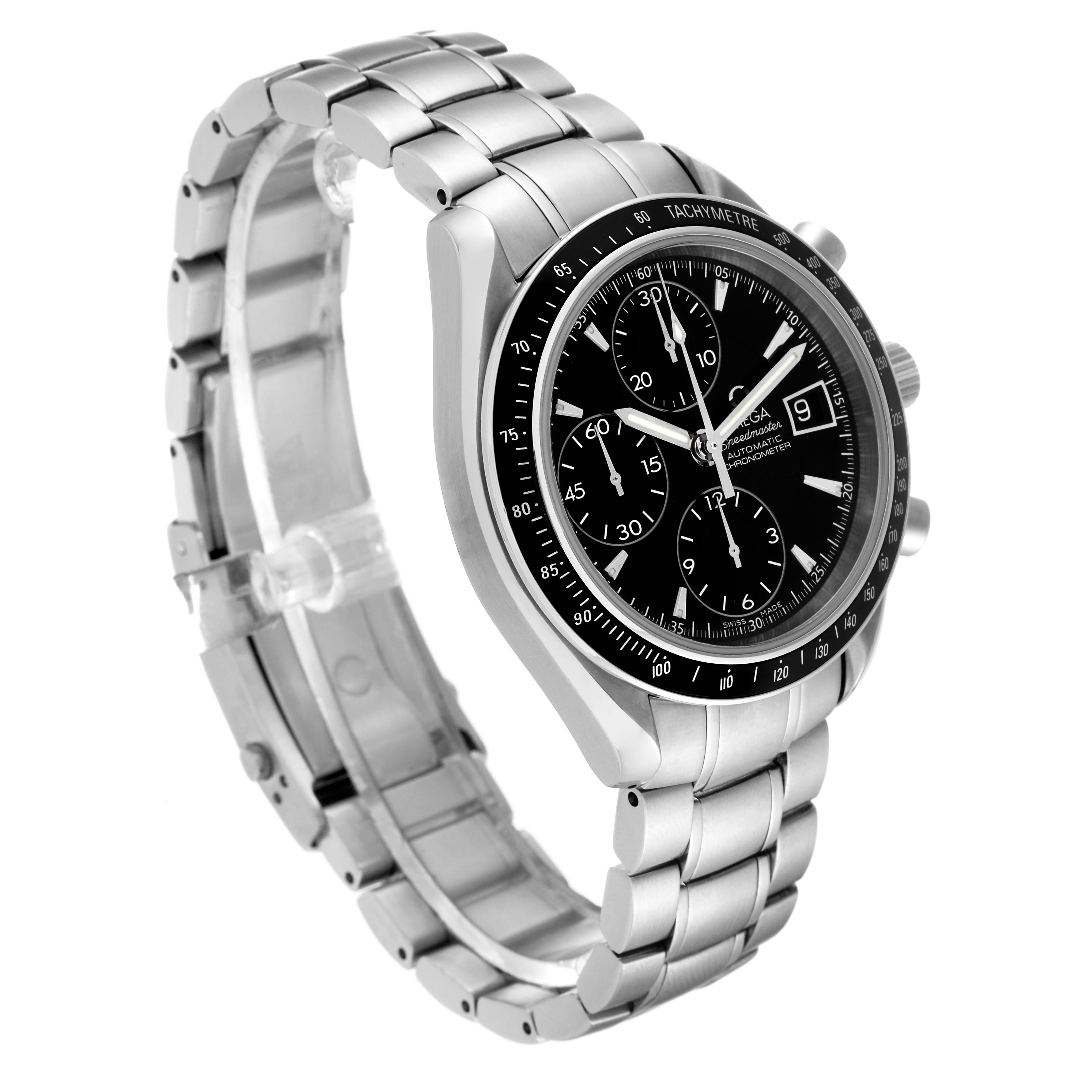 The Omega Speedmaster 3210.50.00 Men's Stainless Steel Black Dial 3210.50.00 Men's Stainless Steel Black Dial watch is shown at a three-quarter angle, highlighting its stainless steel bracelet, tachymeter bezel, and black chronograph dial.