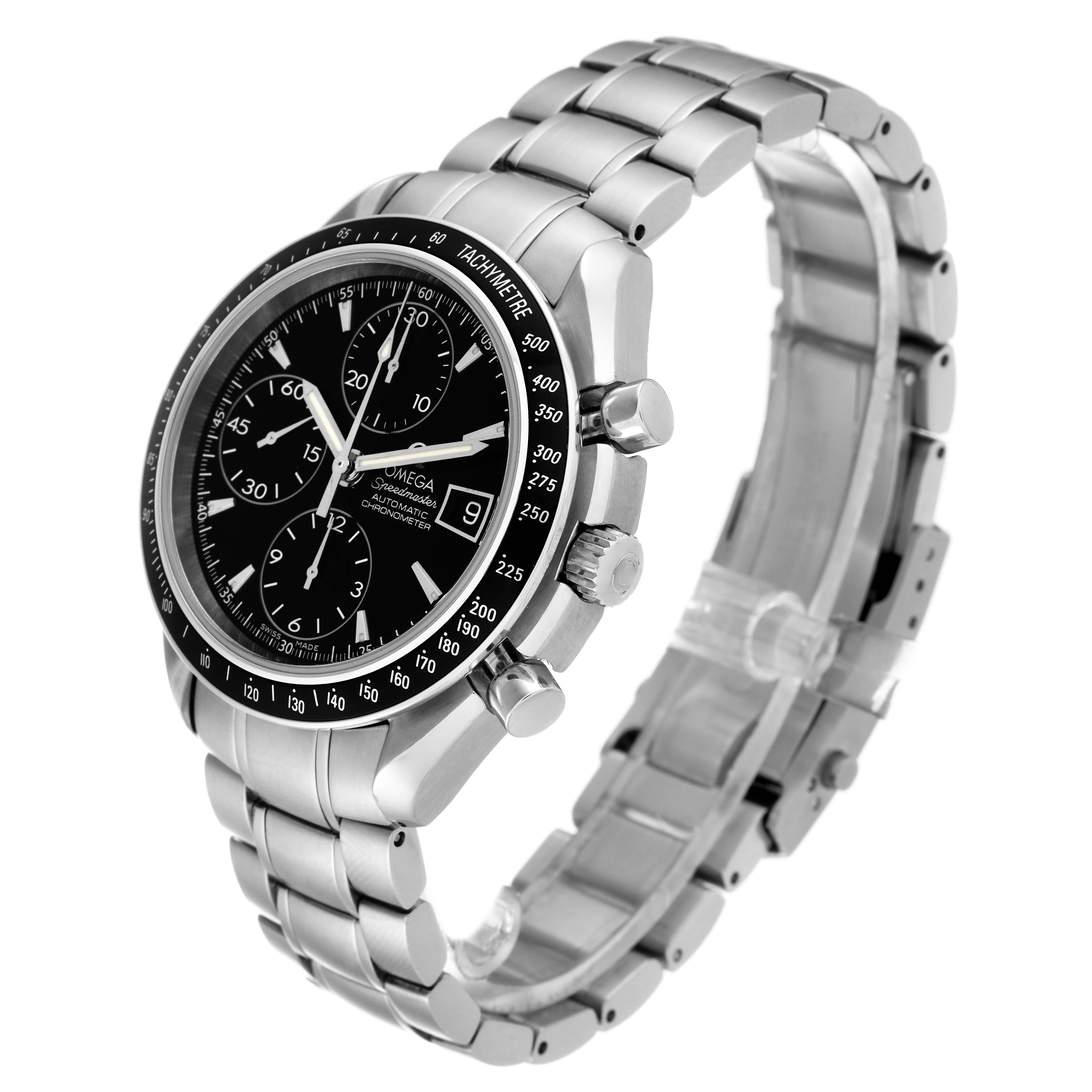 The image shows an Omega Speedmaster 3210.50.00 Men's Stainless Steel Black Dial 3210.50.00 Men's Stainless Steel Black Dial watch angled from the front-left, highlighting the face, bezel, and metal band.