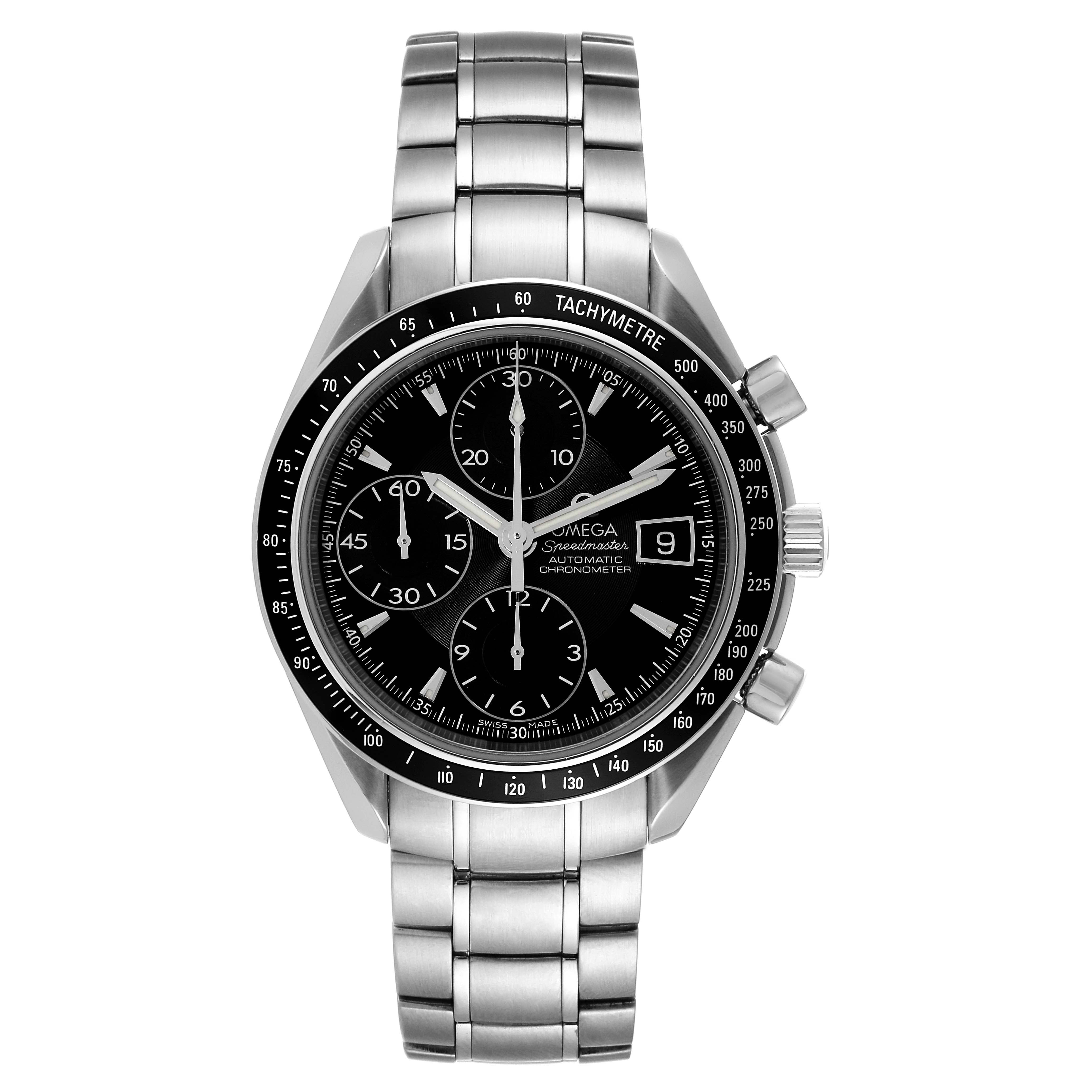 The image shows a front view of an Omega Speedmaster 3210.50.00 Men's Stainless Steel Black Dial 3210.50.00 Men's Stainless Steel Black Dial watch, highlighting its black dial, chronograph sub-dials, and stainless steel band.