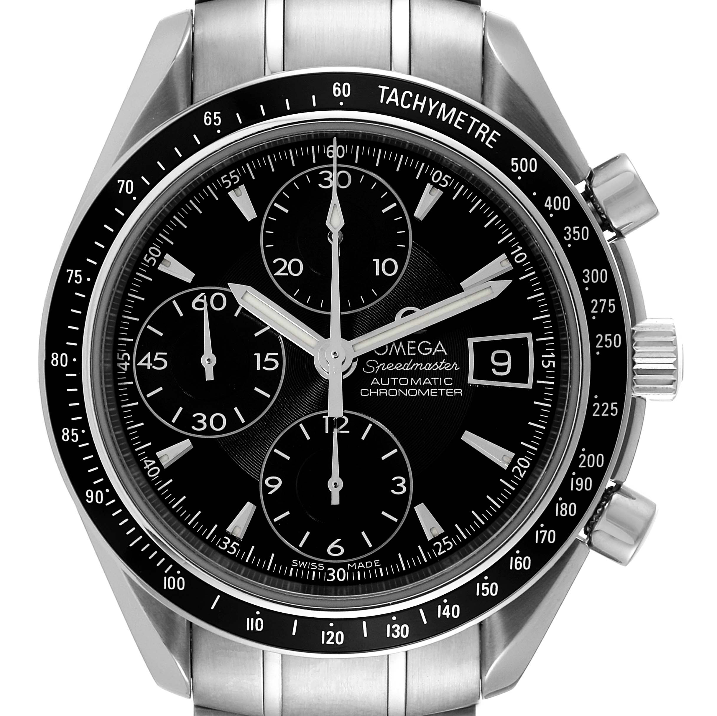 The image shows a front view of an Omega Speedmaster 3210.50.00 Men's Stainless Steel Black Dial 3210.50.00 Men's Stainless Steel Black Dial watch with its bezel, dial, chronograph subdials, and date window visible.