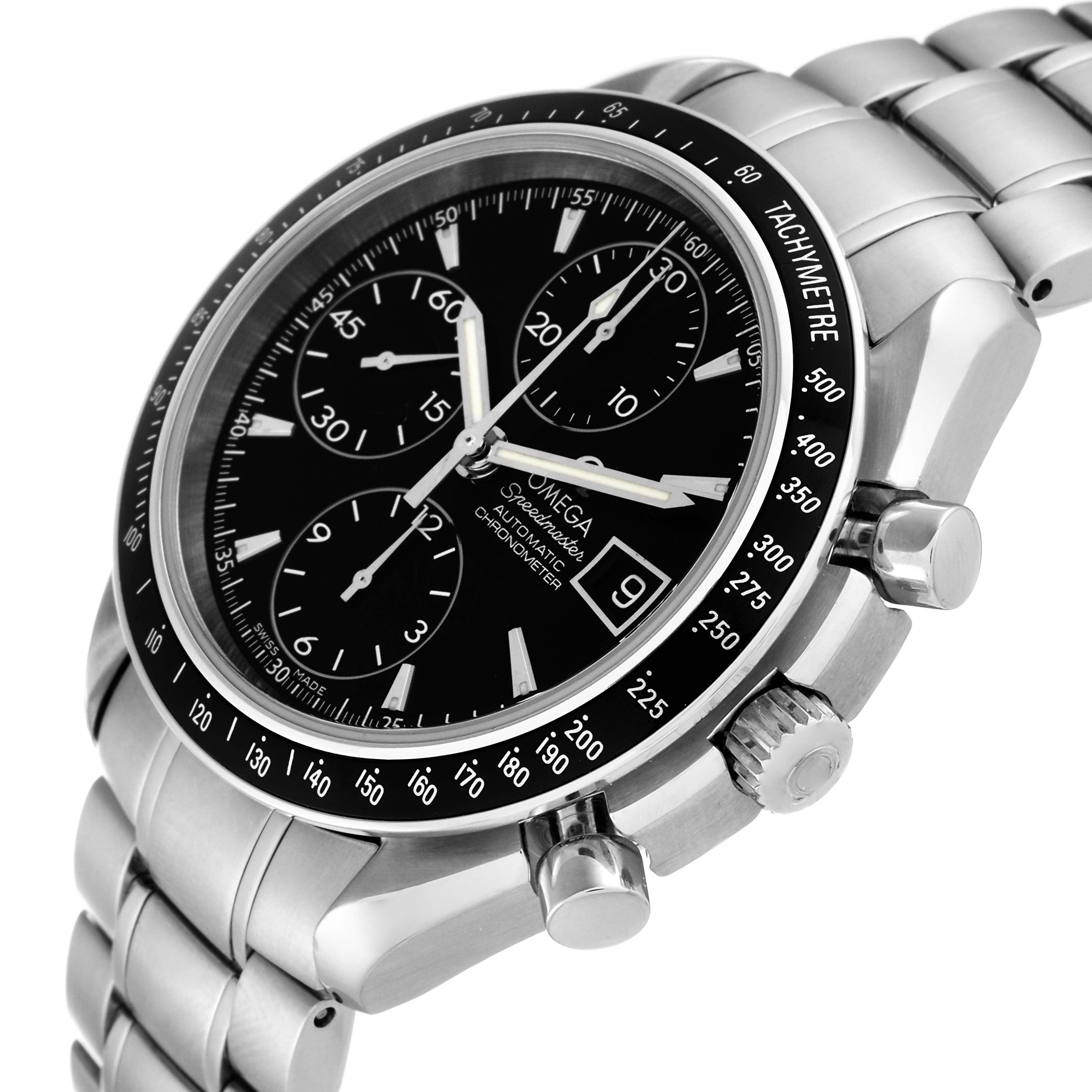 This image shows a close-up, angled view of the dial, bezel, and stainless steel bracelet of the Omega Speedmaster 3210.50.00 Men's Stainless Steel Black Dial 3210.50.00 Men's Stainless Steel Black Dial watch.
