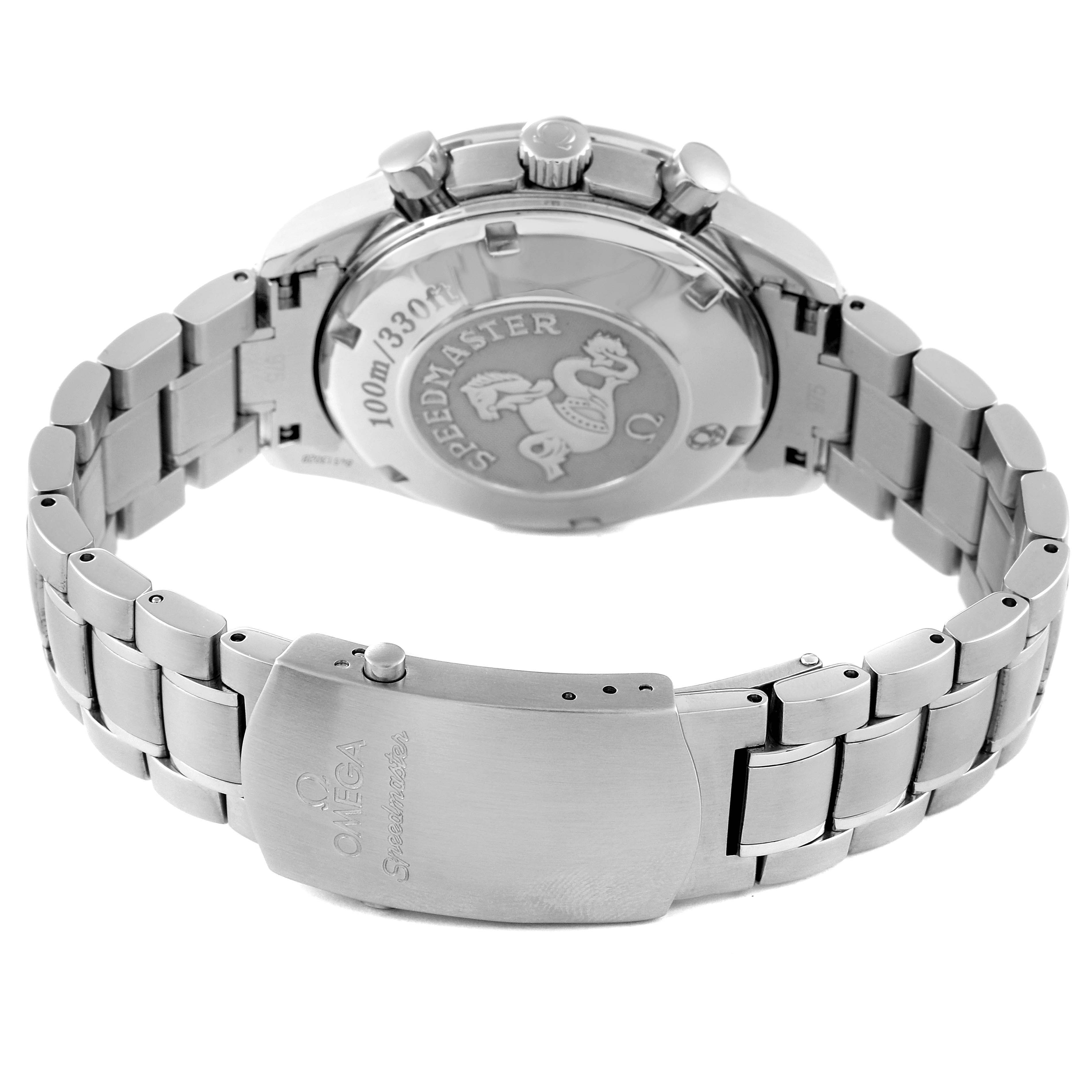 The image shows the back and bracelet of an Omega Speedmaster 3210.50.00 Men's Stainless Steel Black Dial 3210.50.00 Men's Stainless Steel Black Dial watch, with focus on the clasp and case back.