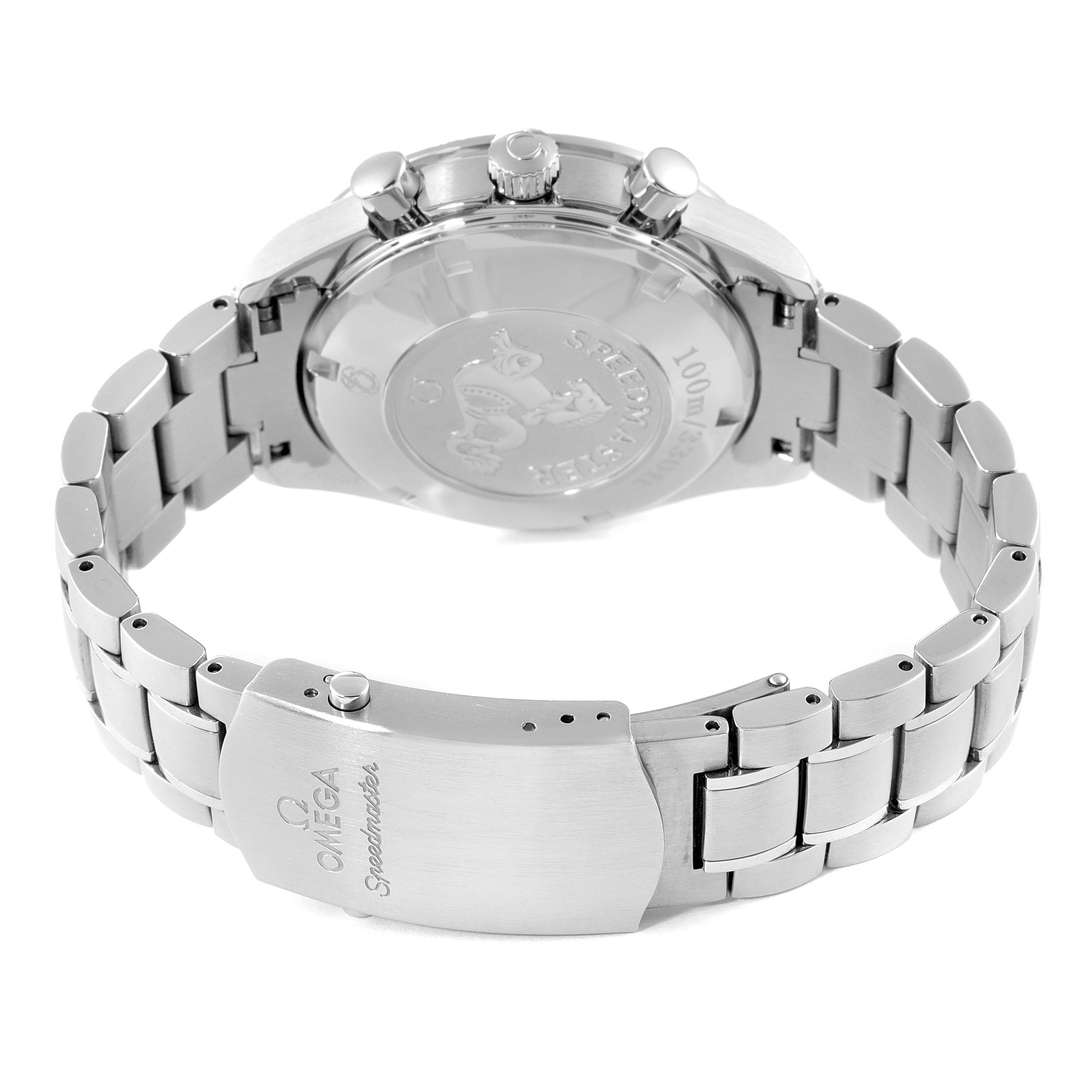 The image shows the back case, crown, chronograph pushers, and bracelet with clasp of the Omega Speedmaster 323.30.40.40.06.001 Men's Stainless Steel Grey Dial 323.30.40.40.06.001 Men's Stainless Steel Grey Dial watch.