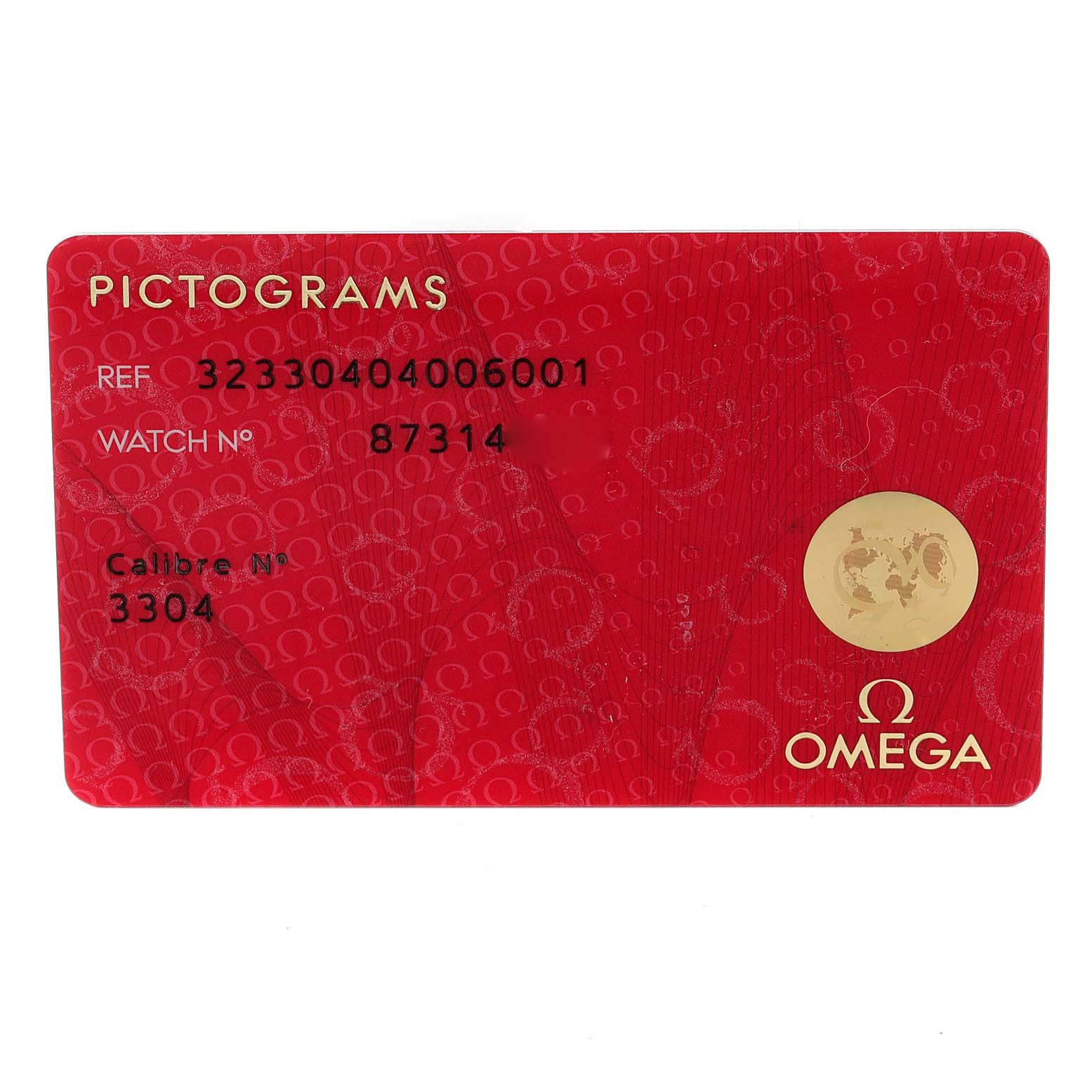 This image shows an Omega Speedmaster 323.30.40.40.06.001 Men's Stainless Steel Grey Dial 323.30.40.40.06.001 Men's Stainless Steel Grey Dial watch pictogram card displaying the reference number, watch number, and caliber information.