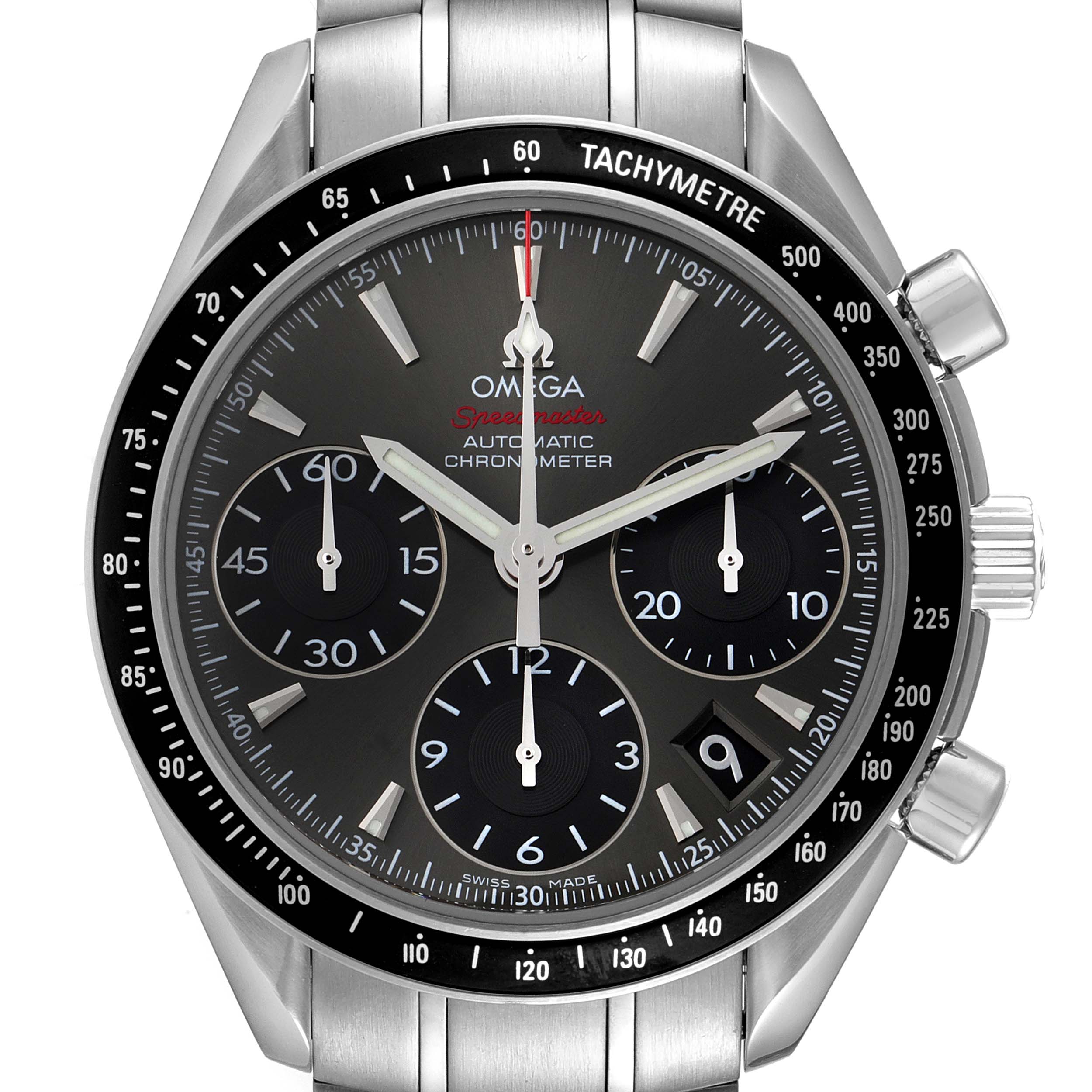 The image shows a front view of the Omega Speedmaster 323.30.40.40.06.001 Men's Stainless Steel Grey Dial 323.30.40.40.06.001 Men's Stainless Steel Grey Dial watch, highlighting the dial, chronograph subdials, and tachymeter bezel.