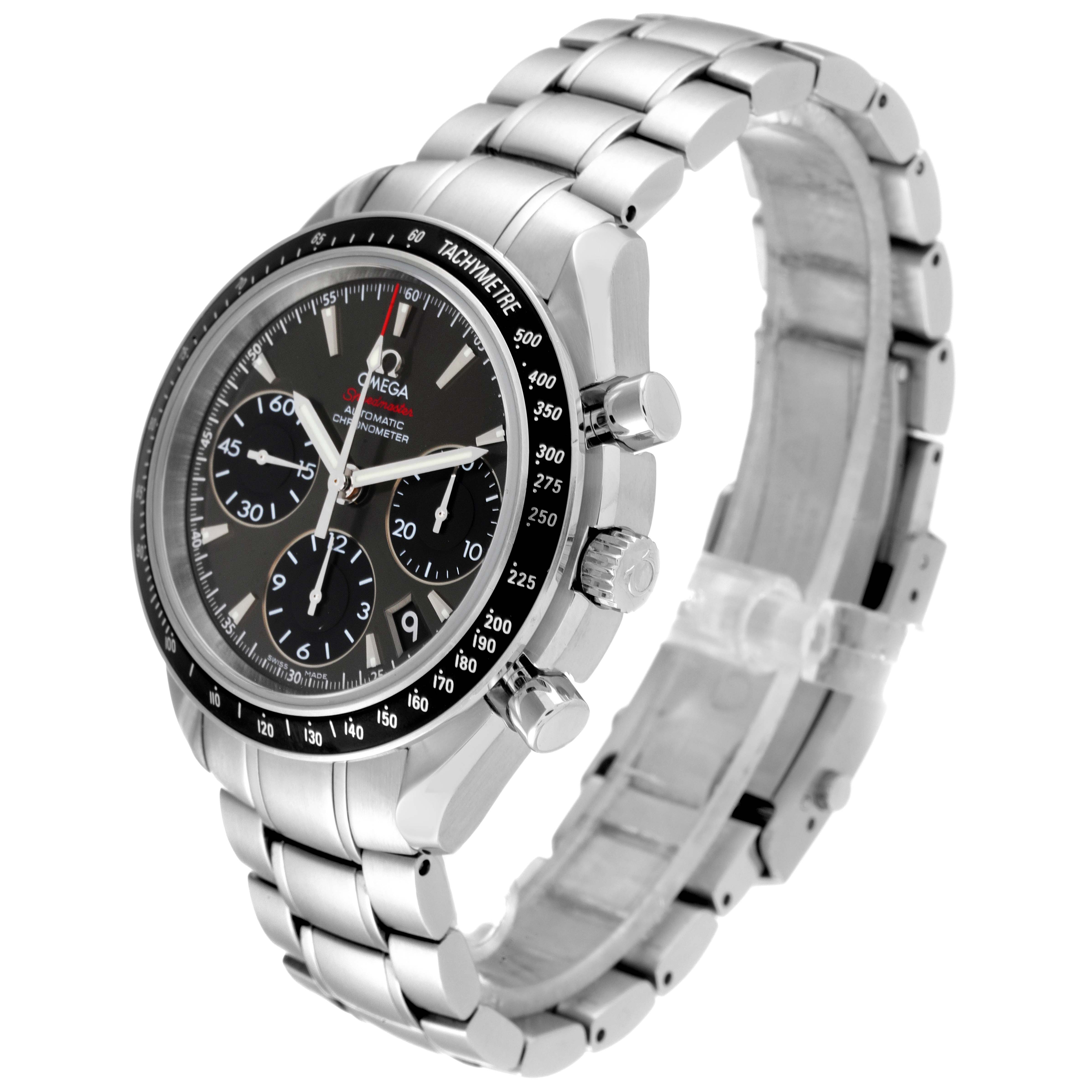The Omega Speedmaster 323.30.40.40.06.001 Men's Stainless Steel Grey Dial 323.30.40.40.06.001 Men's Stainless Steel Grey Dial watch is shown at a three-quarter angle, highlighting its face, bezel, crown, pushers, and bracelet.