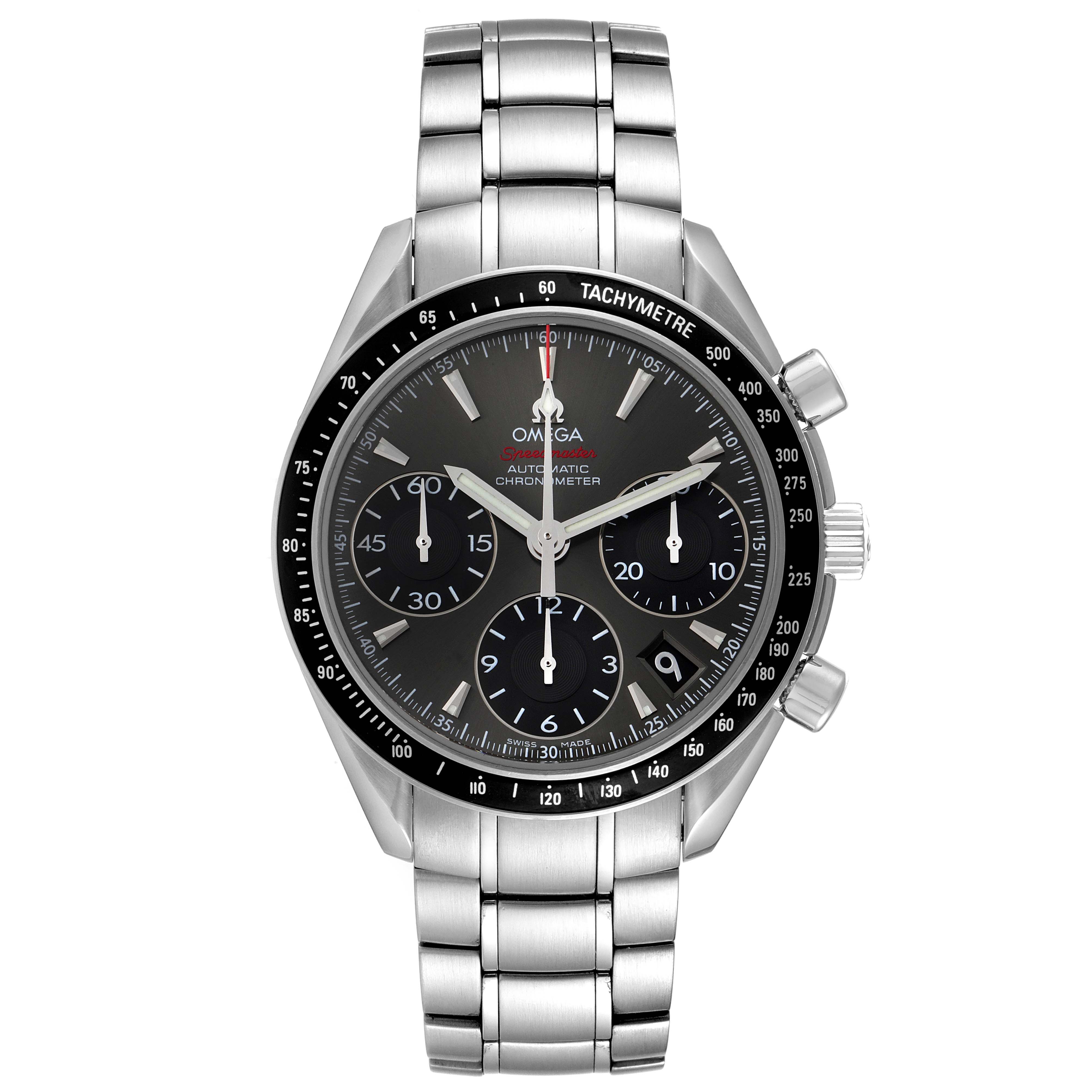 The image shows a front view of an Omega Speedmaster 323.30.40.40.06.001 Men's Stainless Steel Grey Dial 323.30.40.40.06.001 Men's Stainless Steel Grey Dial watch, highlighting its black dial, chronograph sub-dials, and stainless steel bracelet.