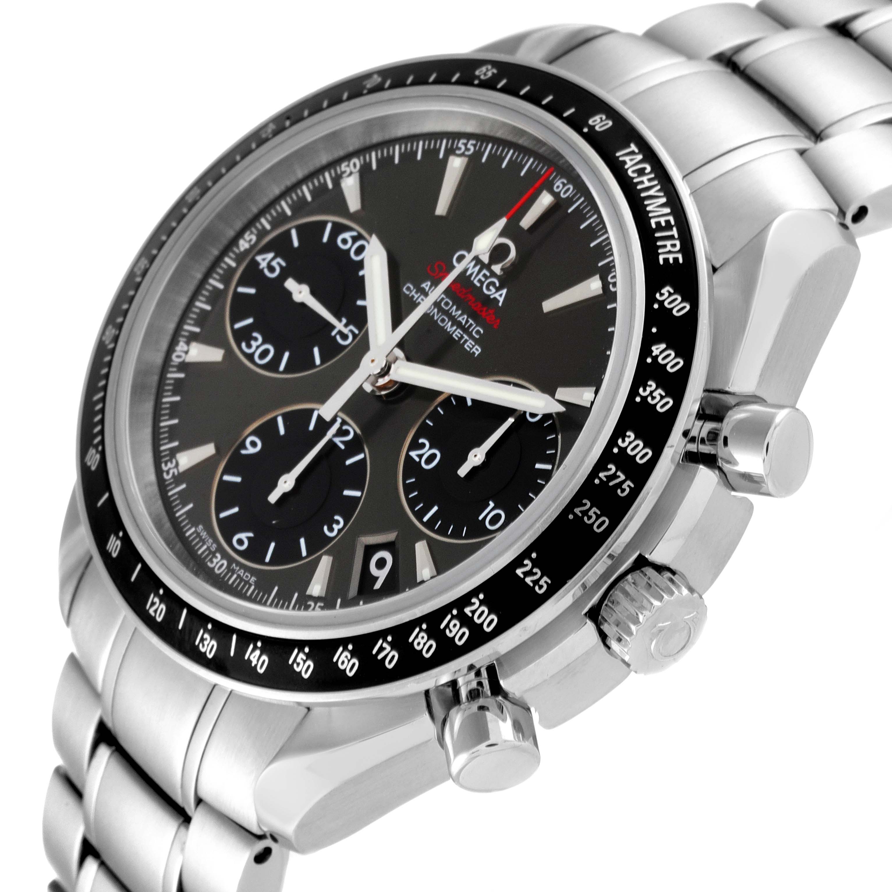 This image shows the Omega Speedmaster 323.30.40.40.06.001 Men's Stainless Steel Grey Dial 323.30.40.40.06.001 Men's Stainless Steel Grey Dial watch at an angled close-up, highlighting the dial, tachymeter bezel, and pushers.